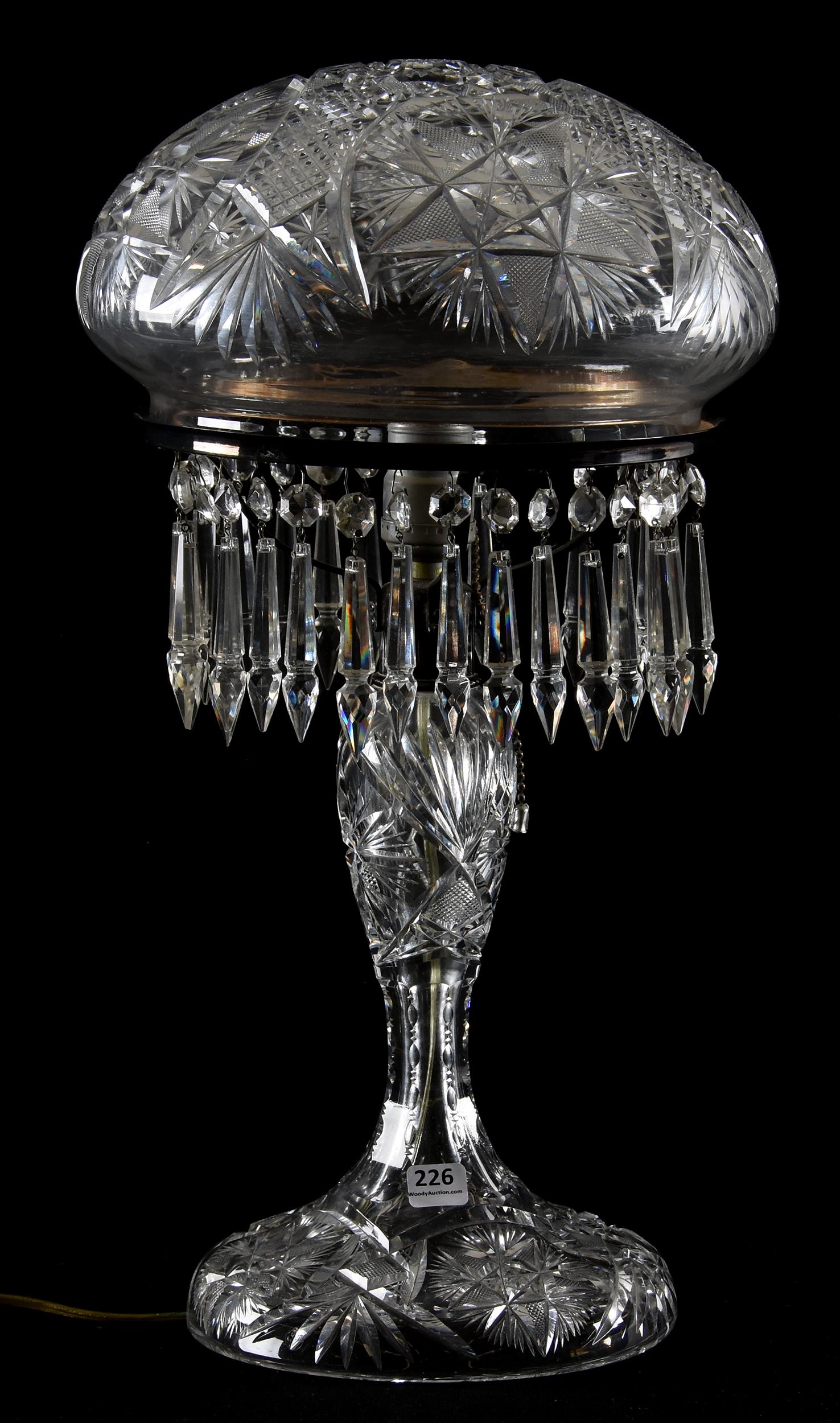 Mushroom Shade Table Lamp: Mushroom Shade Table Lamp, ABCG; 19" x 10" single bulb, Flashed hobstar, diamond, strawberry diamond, star & fan motif; Sam & Becky Story Estate, Missouri