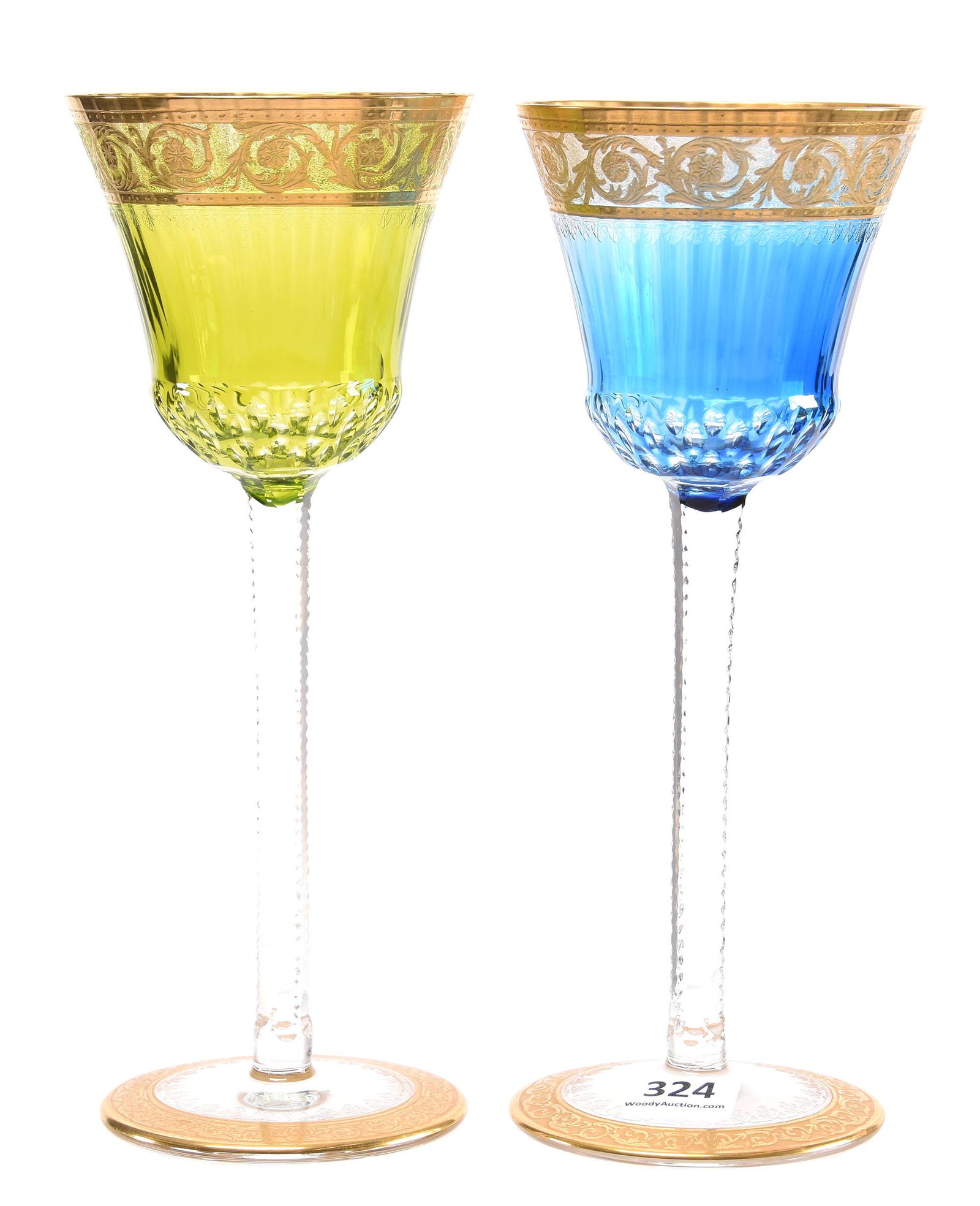 (2) Wine Glasses, Signed St. Louis: (2) Wine Glasses, Signed St. Louis, BPCG; 8" Color to Clear, gilded scroll border, notched stem; (1) Green, (1) Blue; Sam & Becky Story Estate, Missouri