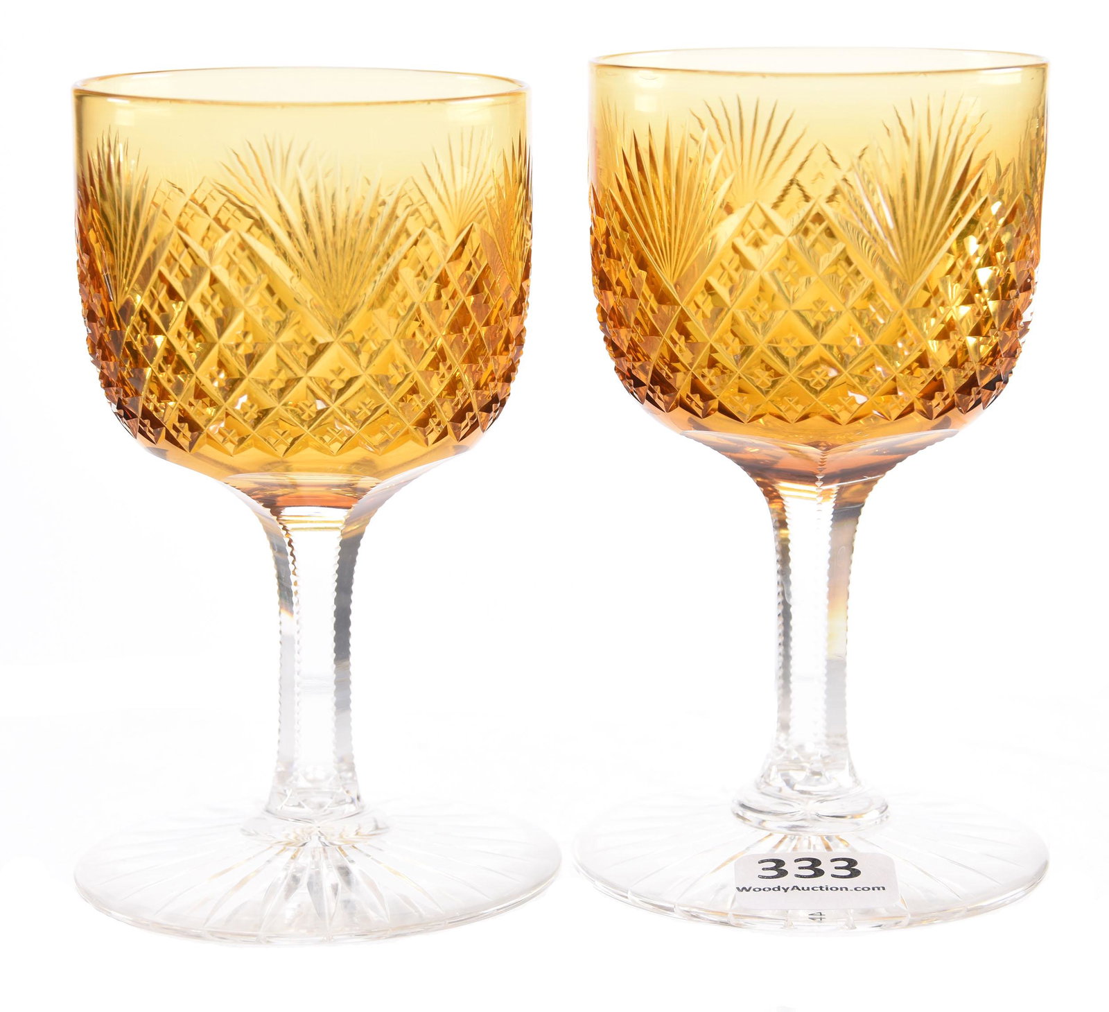 Pair Wine Glasses: Pair Wine Glasses, ABCG; 4.5" Solid Amber Bowl, Crosscut diamond & fan motif, clear notched stem, ray foot; Sam & Becky Story Estate, Missouri