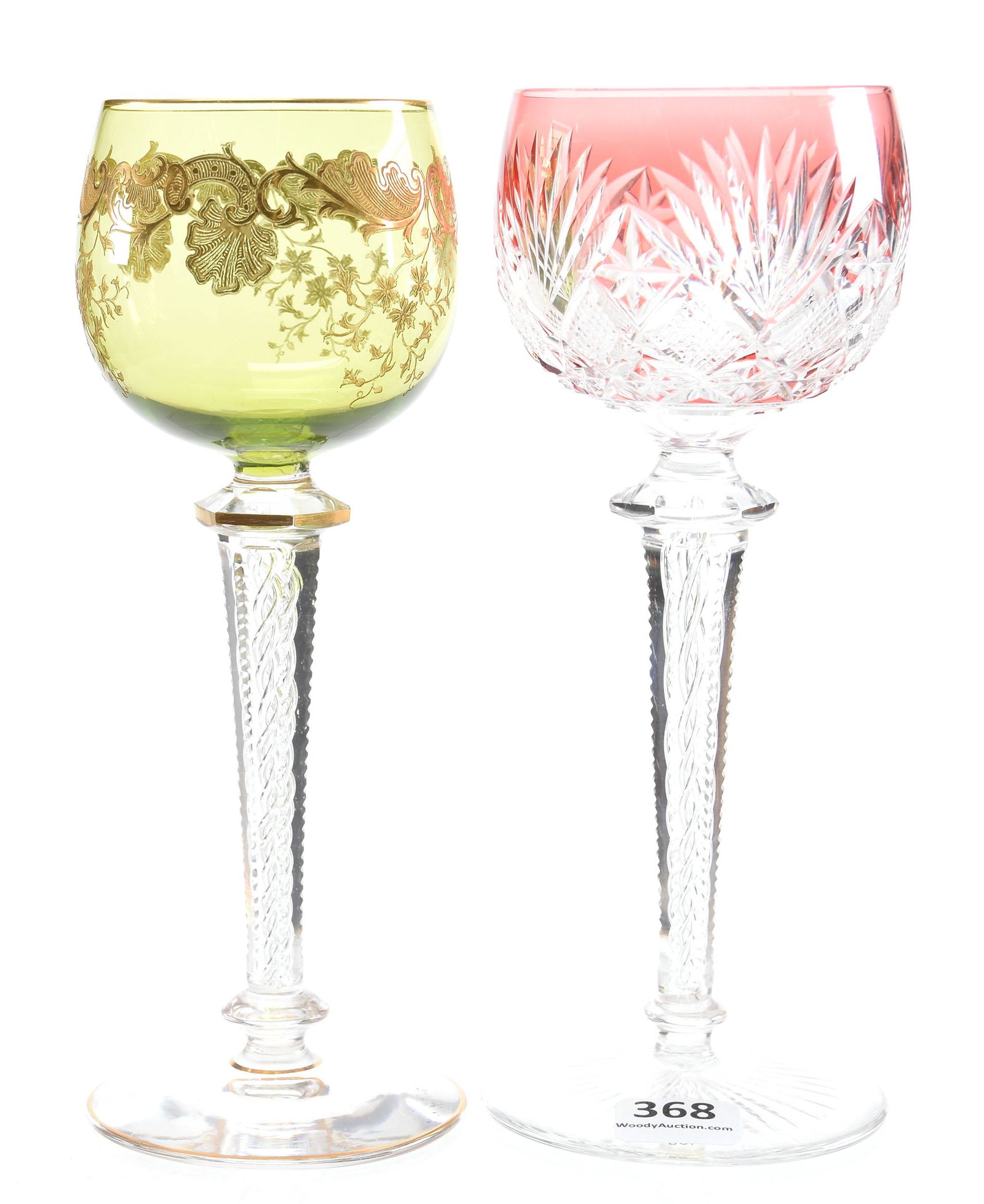 (2) Wine Glasses, Air Twist Stem: (2) Wine Glasses, Air Twist Stem, BPCG; 7.25" (1) Pink cut to clear, strawberry diamond, star & fan motif; (1) Green bowl, enamel floral highlights; Sam & Becky Story Estate, Missouri