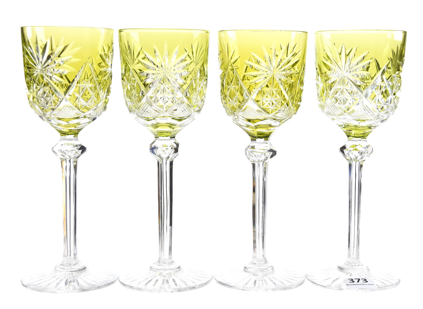 (4) Wine Glasses, Green Cut to Clear Val St. Lambert: (4) Wine Glasses, Green Cut to Clear Val St. Lambert, BPCG; 7.5" hobstar, strawberry diamond & fan motif; faceted cut knob stem, ray foot; Sam & Becky Story Estate, Missouri