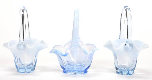 (3) Blue Opalescent Art Glass Baskets, Duncan Miller: (3) Blue Opalescent Art Glass Baskets, Duncan Miller 8" (2) Matching, (1) 6" wide; Nancy Rublaitus Estate