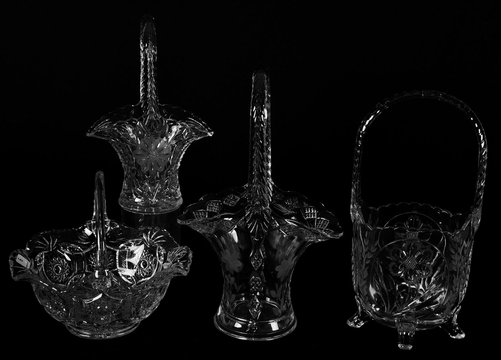 (4) Clear Glass Baskets, Floral & Geometric designs (1 of 6)