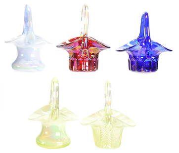 (5) marked Gibson iridescent Art Glass Baskets: (5) marked Gibson iridescent Art Glass Baskets range from 4" - 4.5" (2) Vaseline; (1) Red; (1) Blue, (1) White/blue; Nancy Rublaitus Estate