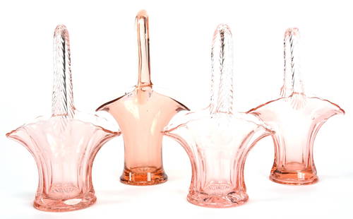 (4) Solid Pink Glass Baskets by Duncan Miller: (4) Solid Pink Glass Baskets by Duncan Miller range from 9.5" - 10.5" (2) 9.5" Panel & engraved floral design; (1) 9.5" Panel design; (1) 10.5" Plain design; Nancy Rublaitus Estate