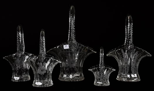 (5) Clear Glass Baskets by Duncan Miller, circa 1930: (5) Clear Glass Baskets by Duncan Miller, circa 1930 13.5"; 11.5"; 10"; 9"; 6" (1) 13.5" Engraved floral with stripe highlights; (1) 11.5" Panel & engraved floral design; (1) 10" Panel & engraved