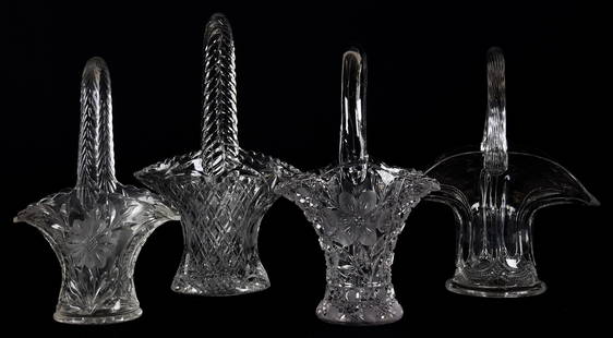 (4) Clear Glass Baskets, maker unknown: (4) Clear Glass Baskets, maker unknown range from 9.75" - 11.5" (1) 11.5" Diamond & daisy design (base chip); (1) 10.25" Panel design; (1) 10.25" Harvard & daisy design; (1) 9.75" Hobstar, vesica & da