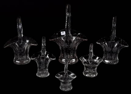 (6) Clear Glass Baskets by Duncan Miller, circa 1930: (6) Clear Glass Baskets by Duncan Miller, circa 1930 12"; 9.5"; 9"; 7"; 6"; 5" (1) 12" Panel & engraved floral design (base & rim chip); (1) 9.5" Panel & engraved floral design; (1) 9" Panel &