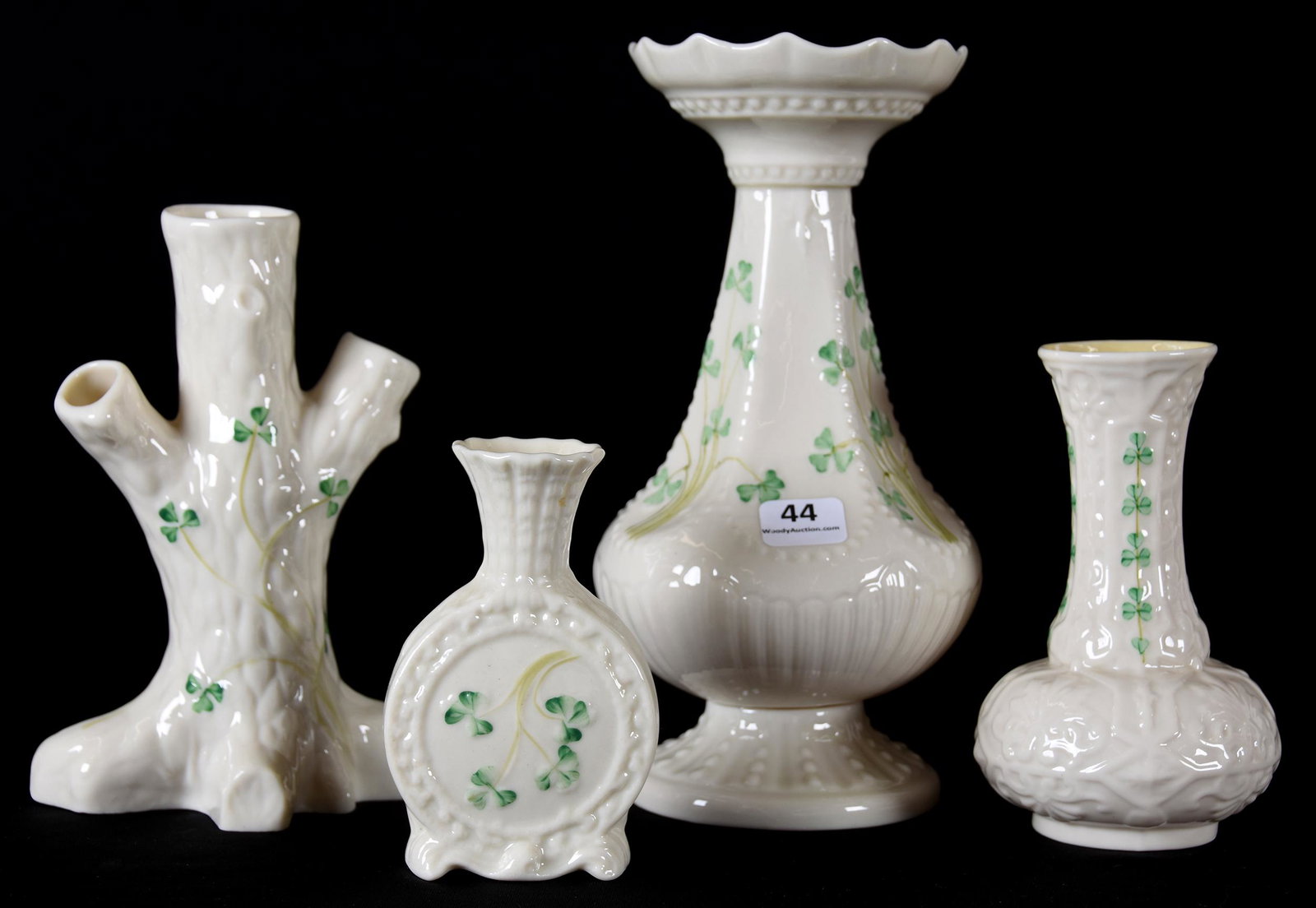 (4) Irish Belleek vases, Shamrock pattern green mark (1 of 3)