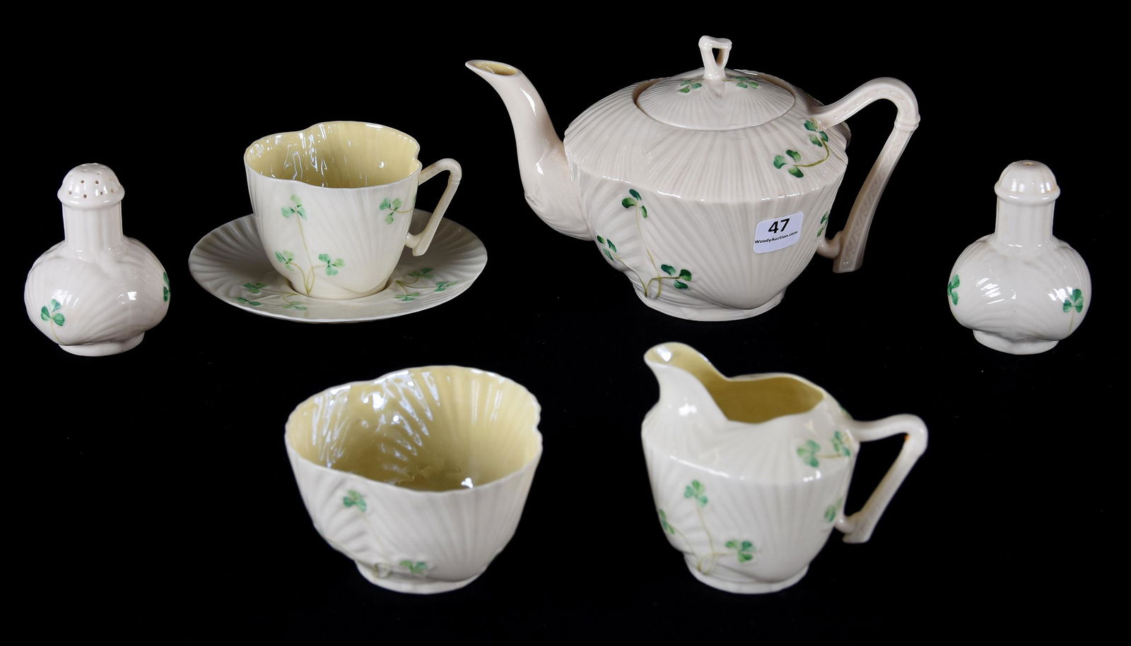 (7) Irish Belleek tea set items, green mark (1 of 3)