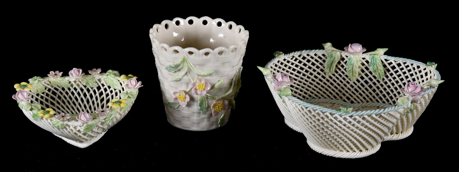 (3) Irish Belleek applied colored floral items (1 of 3)
