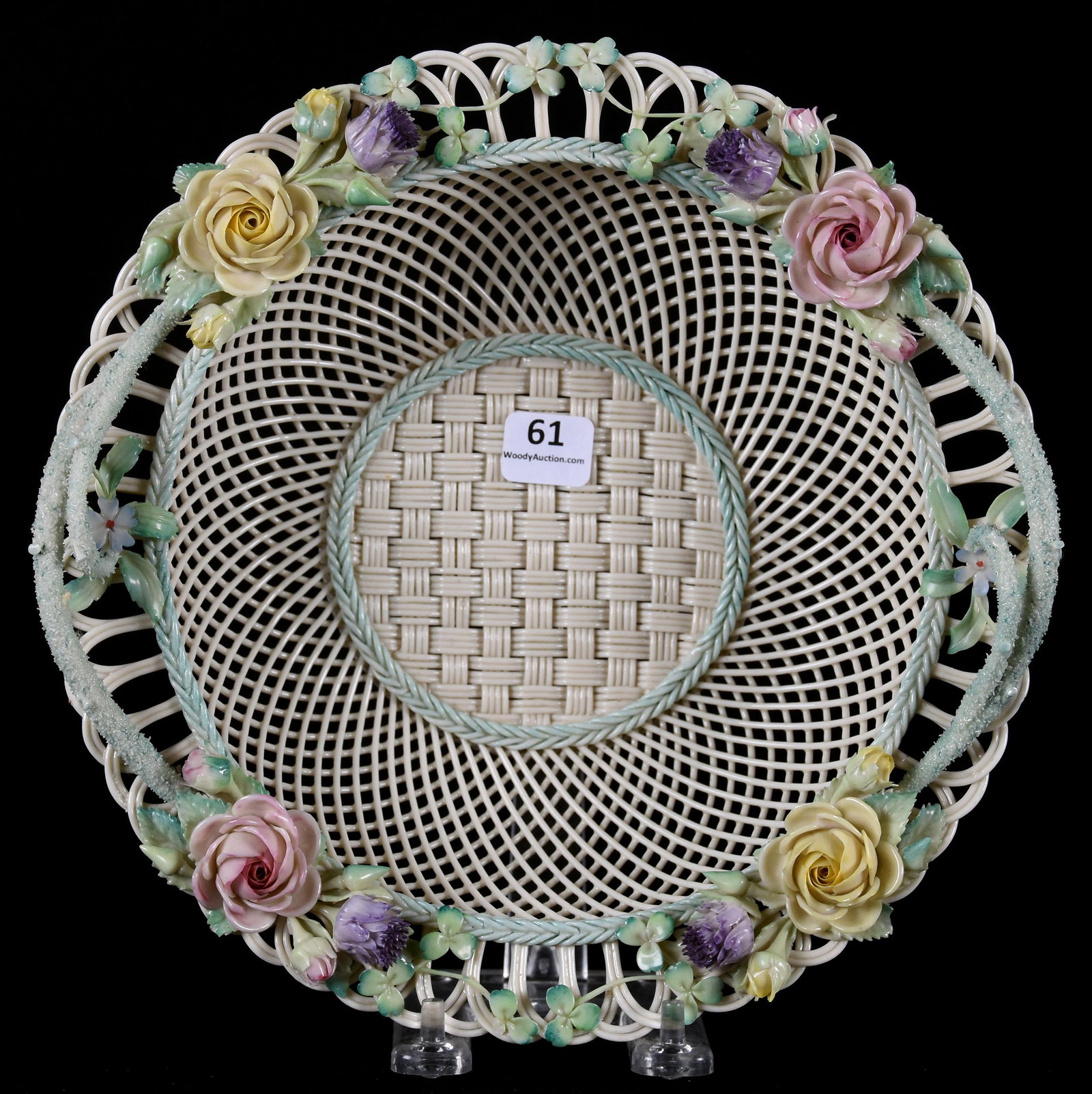 Irish Belleek 4 strand open basket, 1 pads: Irish Belleek 4 strand open basket, 1 pads 3.25" x 9.25" Applied colored floral, nice!; Irwin Collection, Michigan