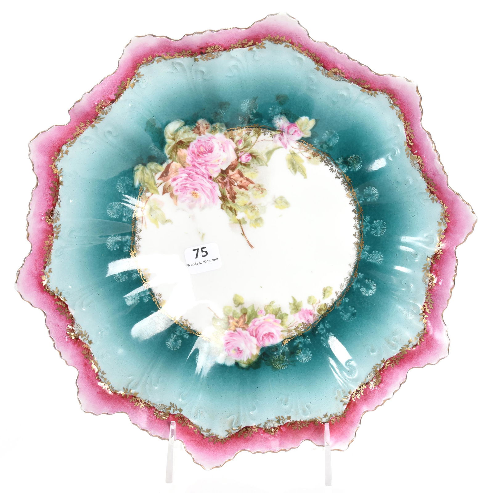 Bowl, unmarked Prussia, white, green & pink tones (1 of 3)