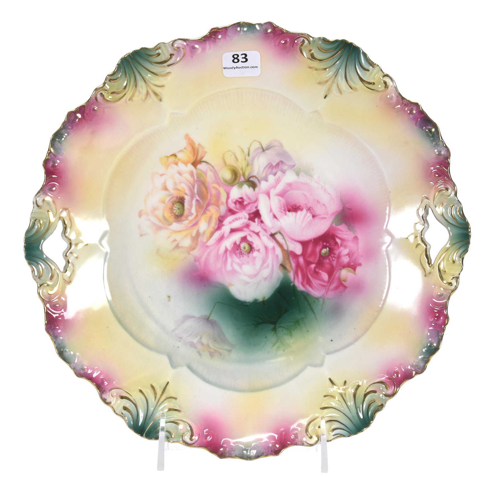 Cake plate, marked R.S. Prussia, Fleur De Lys mold: Cake plate, marked R.S. Prussia, Fleur De Lys mold 10.5" Pink, yellow & green tones with poppy decor - gold stencil highlights; Krug Collection, Iowa