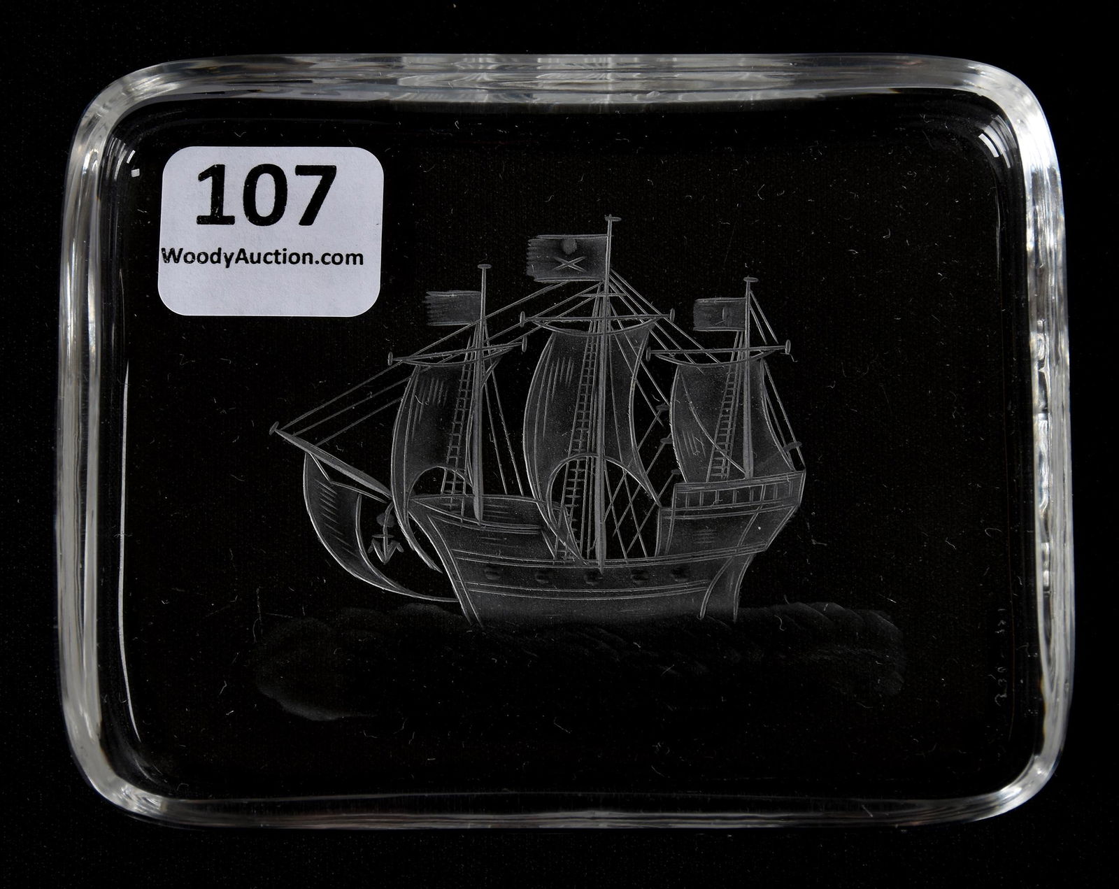 Clear Tray, ABCG signed Hawkes, engraved sail ship: Clear Tray, ABCG signed Hawkes, engraved sail ship 4" x 3"; Karr Collection, Arkansas