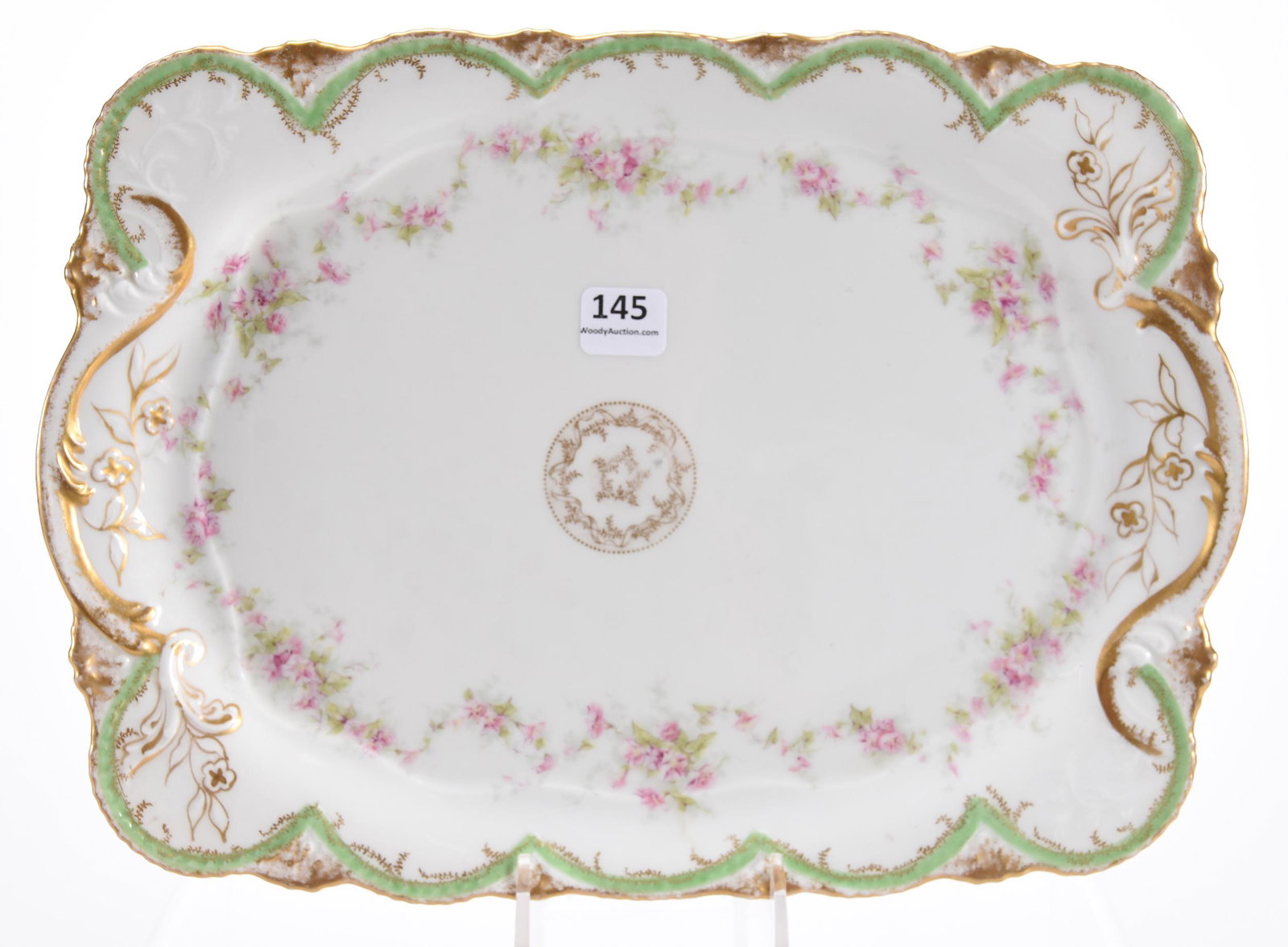 Dresser tray, marked Theodore Haviland Limoges: Dresser tray, marked Theodore Haviland Limoges 12.25" White with green trim and nice gold highlights - pink floral decor; Bell Collection, Texas