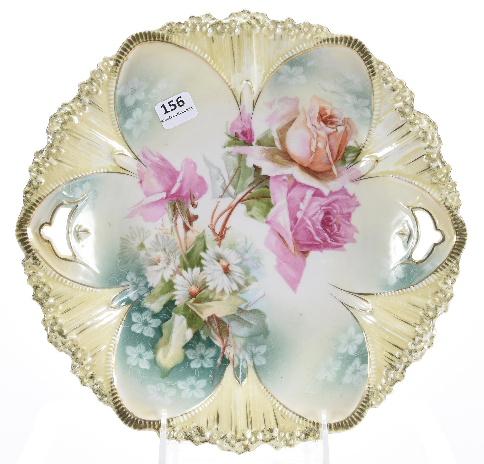 Cake plate, marked R.S. Prussia, mold 91: Cake plate, marked R.S. Prussia, mold 91 10.5" Green & yellow tones with rose & daisy decor - luster border highlights; Bell Collection, Texas