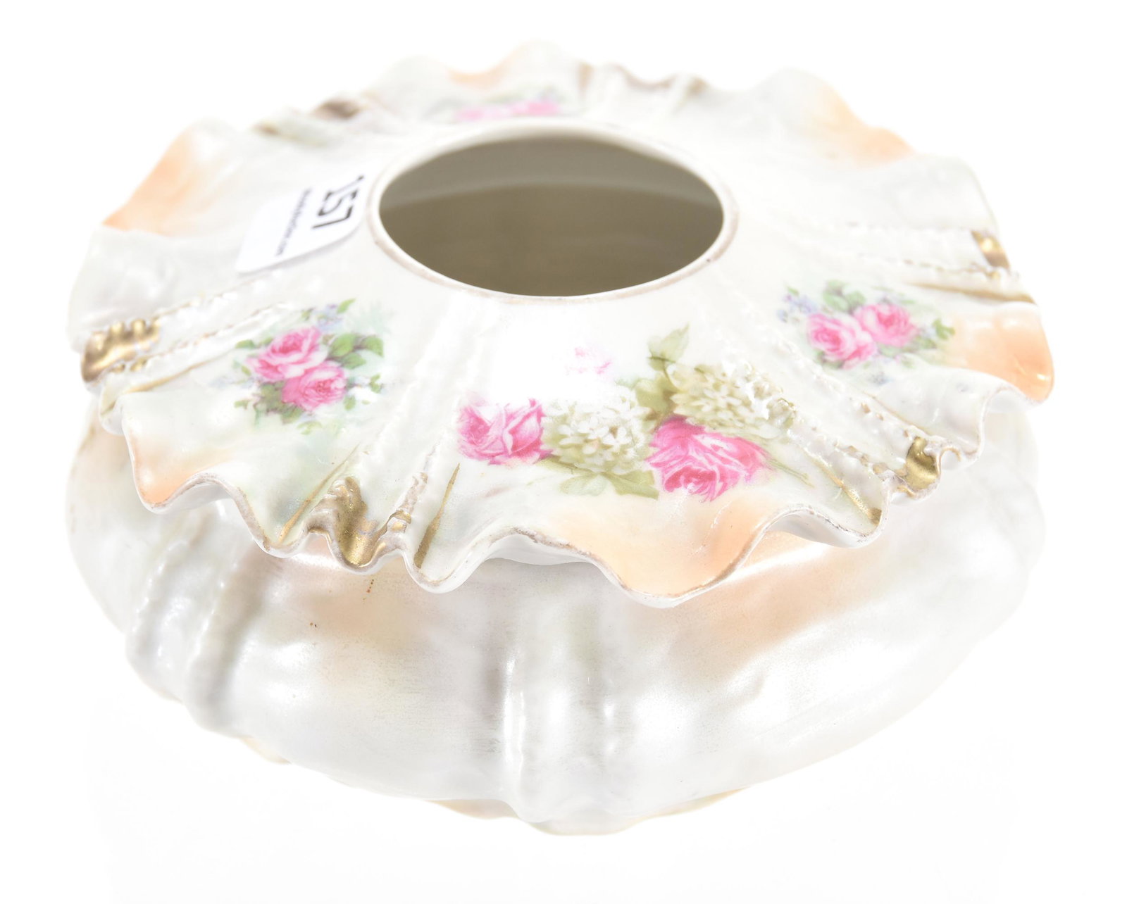 Hair receiver, marked R.S. Prussia, mold 815: Hair receiver, marked R.S. Prussia, mold 815 5" White & orange satin finish, snowball & rose decor; Bell Collection, Texas