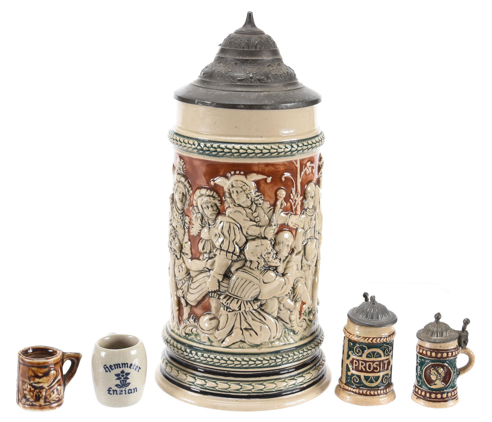 (5) Stoneware steins, various scenes & styles (1 of 4)