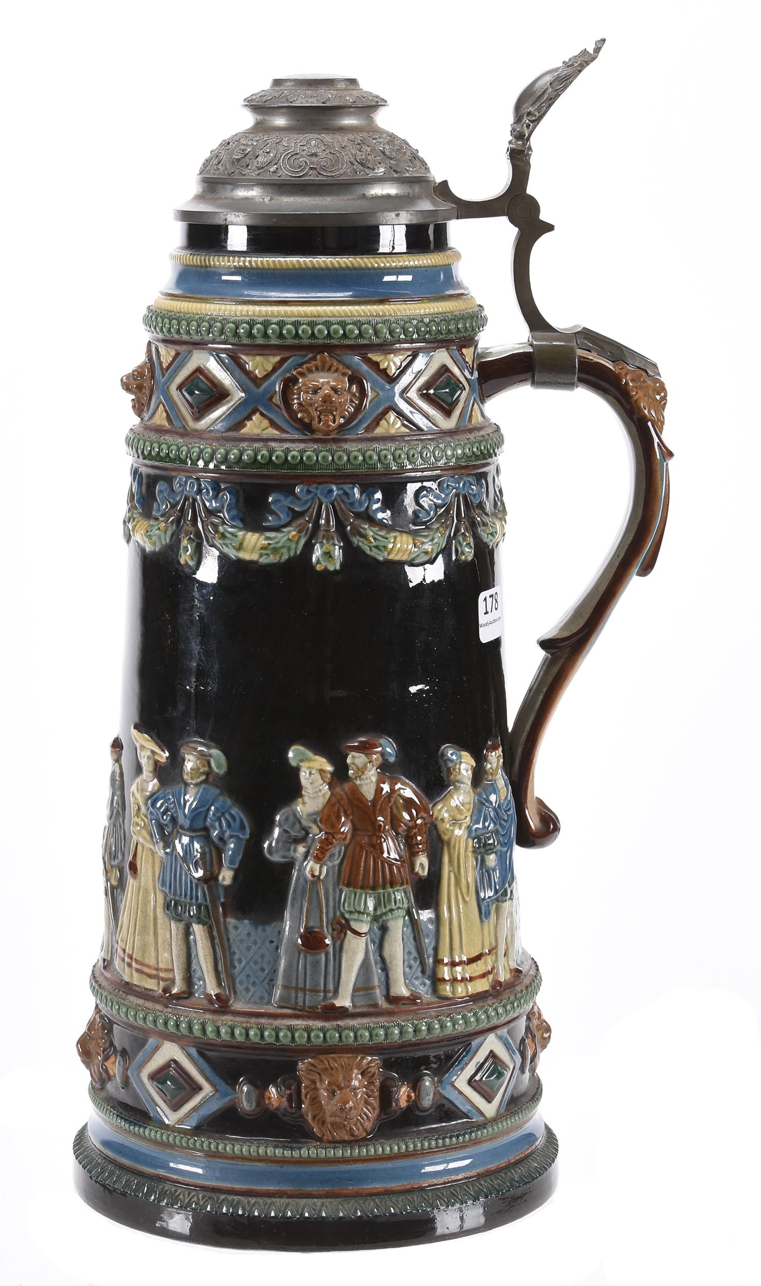 Large stoneware multi colored relief stein, unmarked (1 of 5)