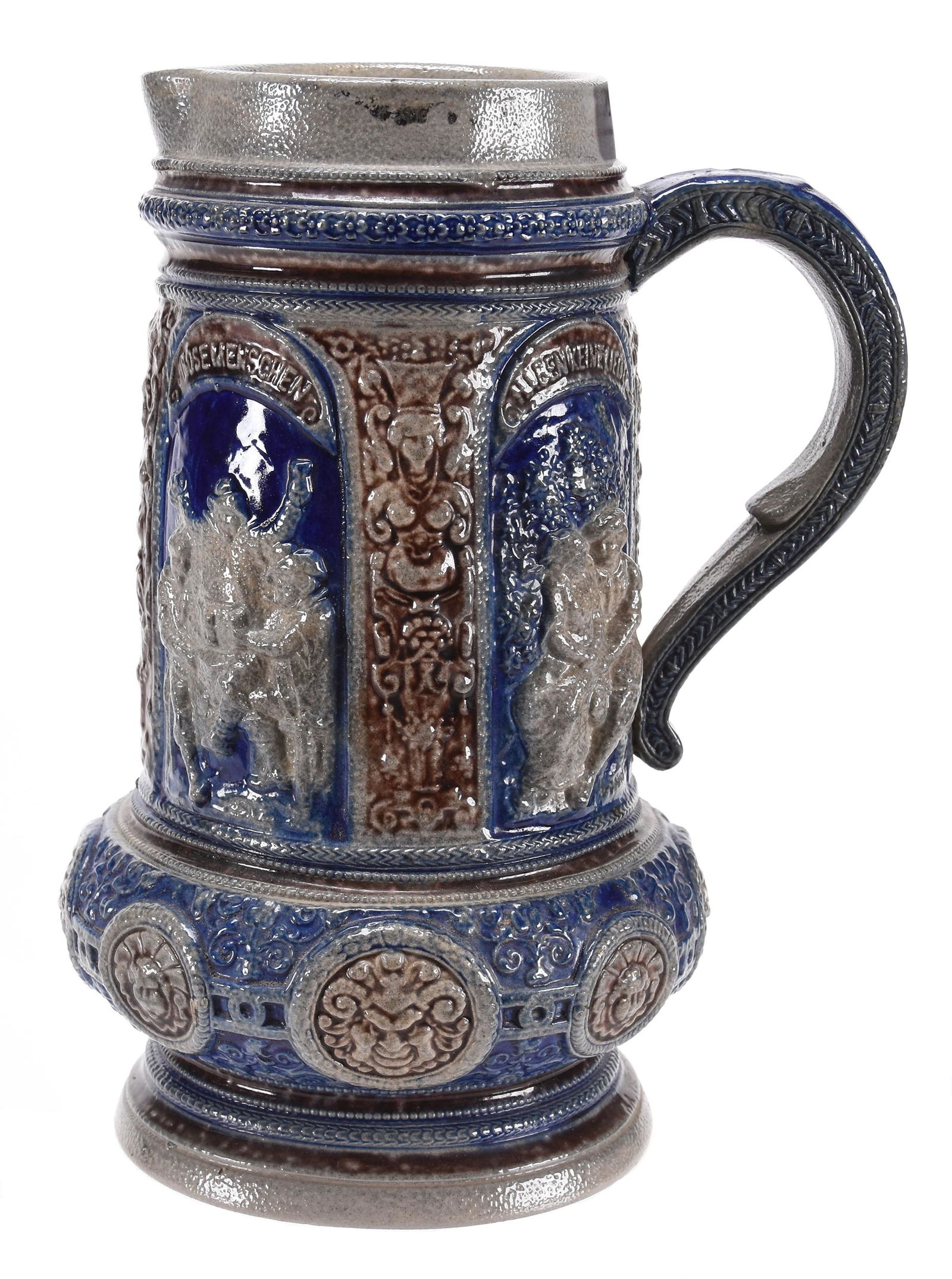 Stoneware tavern pitcher, four scenes in relief (1 of 5)