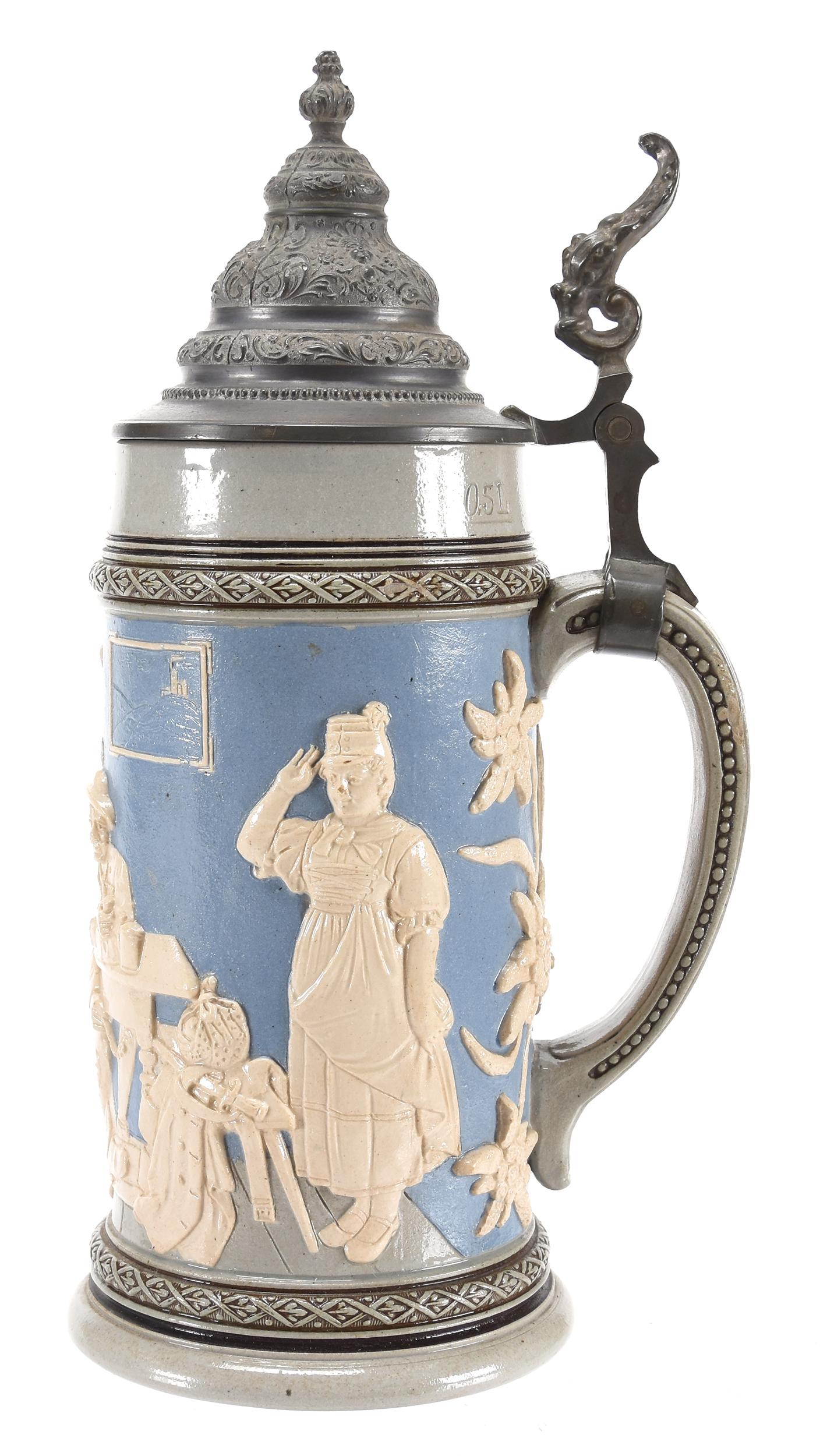 Stoneware stein #1911, blue background white relief (1 of 4)