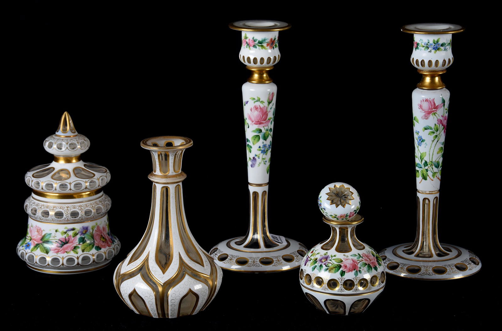 (5) Early Bohemian overlay art glass items (1 of 3)