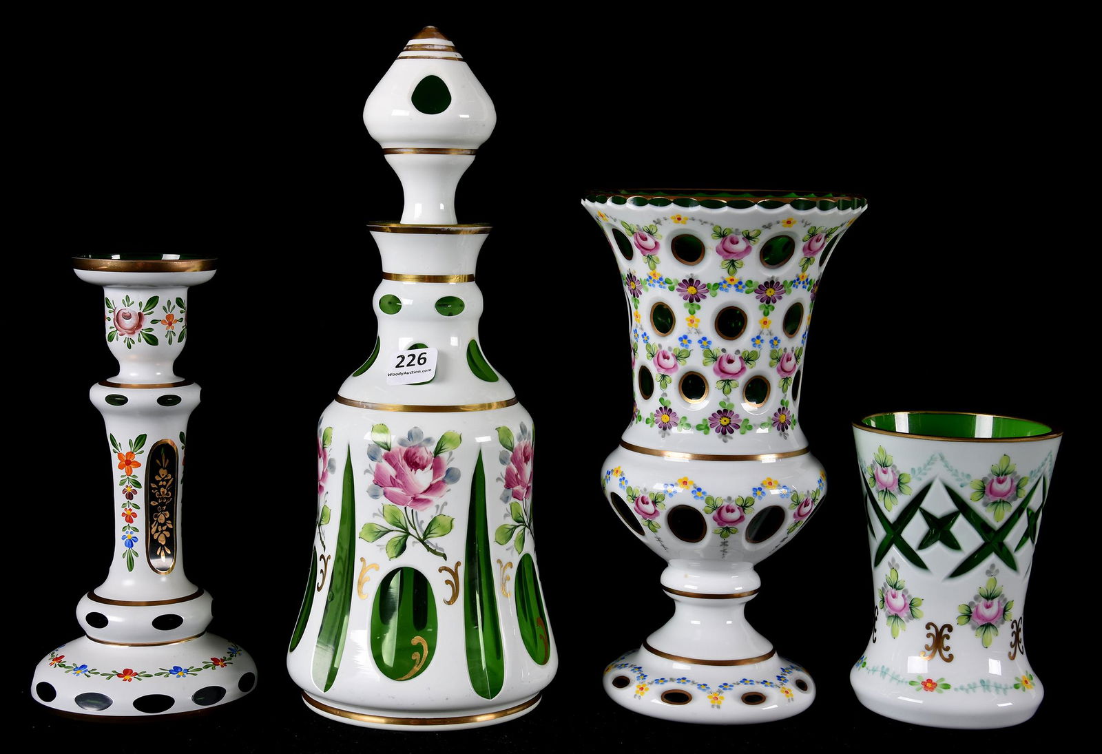 (4) Bohemian overlay green art glass items (1 of 3)