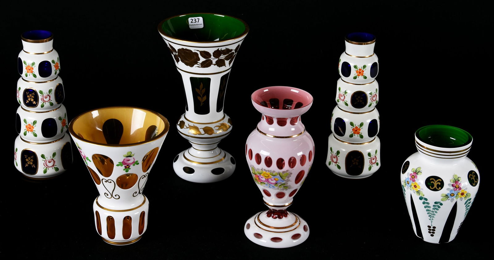 (6) Bohemian overlay art glass vases with enamel decor (1 of 3)