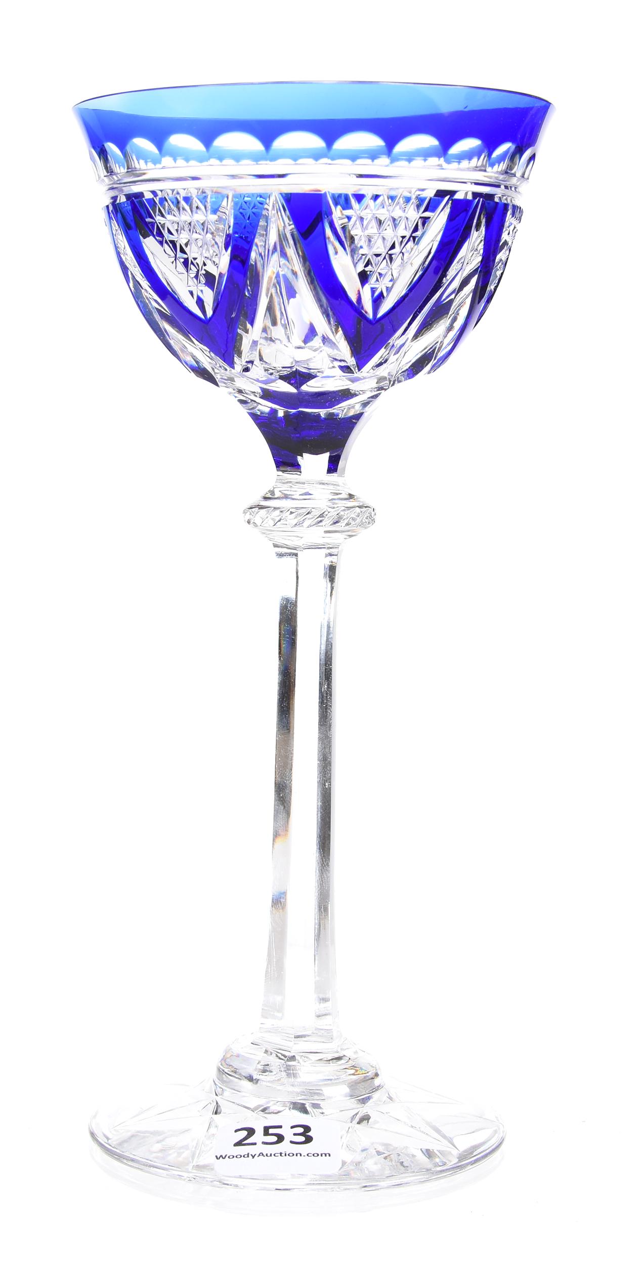 Wine stem by Val St. Lambert, BPCG, Blue to Clear: Wine stem by Val St. Lambert, BPCG, Blue to Clear 7.5" Claudius pattern, circa 1925, hobstar foot - rare (circle s) mark; Lacroix Collection, New Hampshire