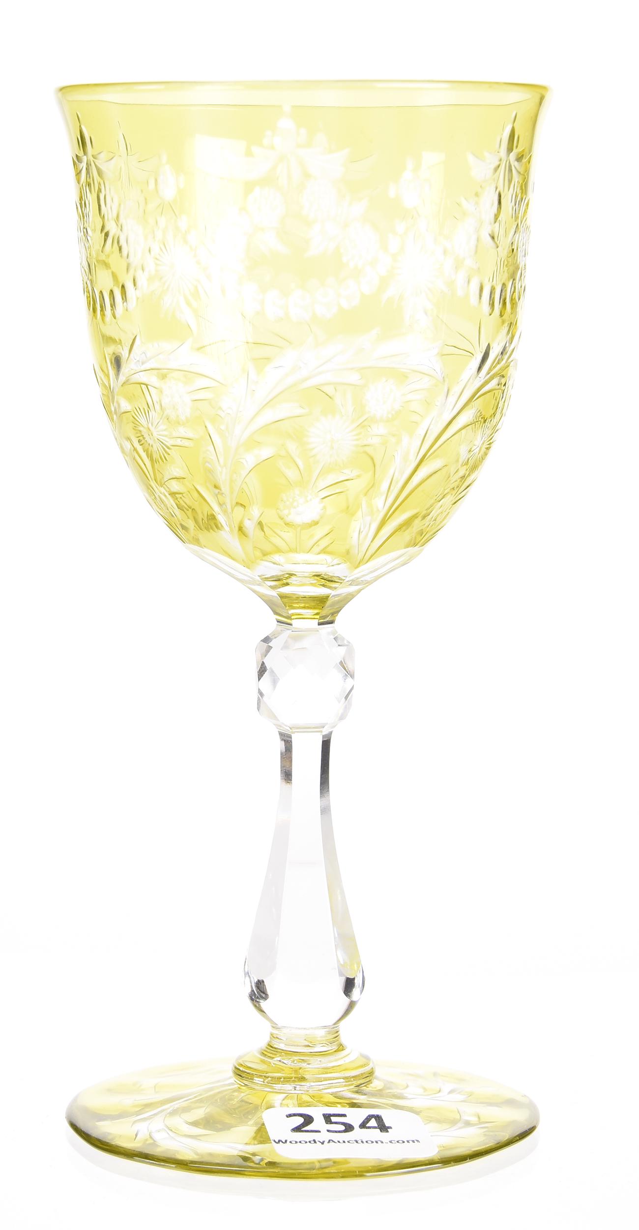 Wine stem attributed to Webb, BPCG, Yellow to clear: Wine stem attributed to Webb, BPCG, Yellow to clear 5.75" Engraved floral garland motif - circa 1920's - pattern cut colored foot - nice quality; Lacroix Collection, New Hampshire