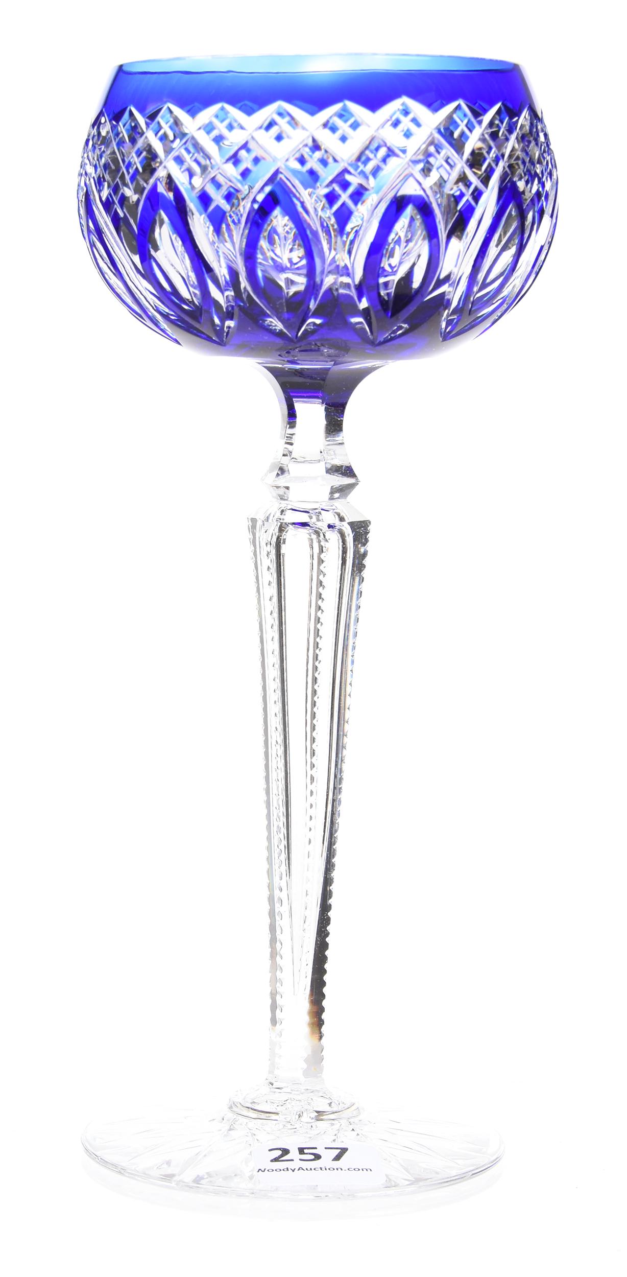 Wine stem by Val St. Lambert, BPCG, Bedford pattern: Wine stem by Val St. Lambert, BPCG, Bedford pattern 7.75" Cobalt blue cut to clear, Hollow notched stem, hobstar foot - circa 1910; Lacroix Collection, New Hampshire