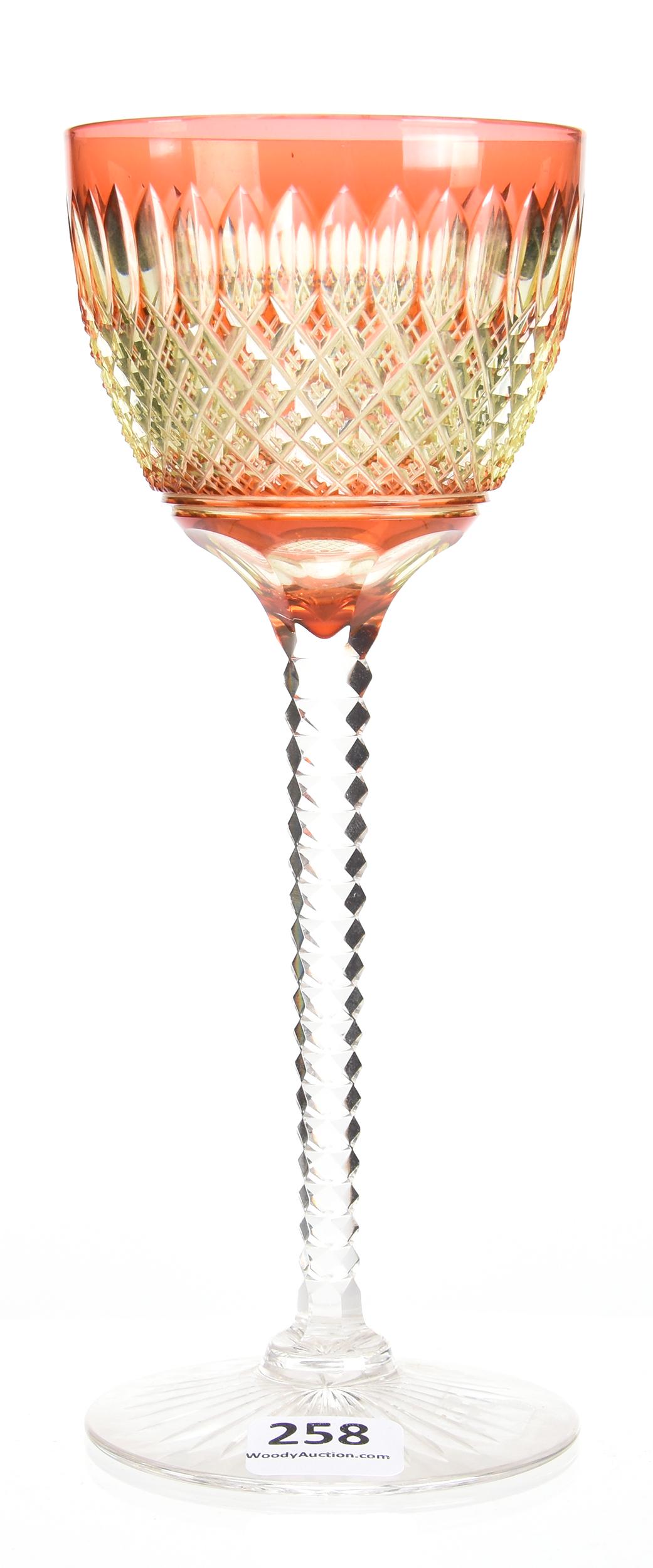 Wine stem by Val St. Lambert, BPCG, Boris pattern: Wine stem by Val St. Lambert, BPCG, Boris pattern 7.5" Cranberry cut to Vaseline - clear notched stem, ray foot - circa 1920; Lacroix Collection, New Hampshire