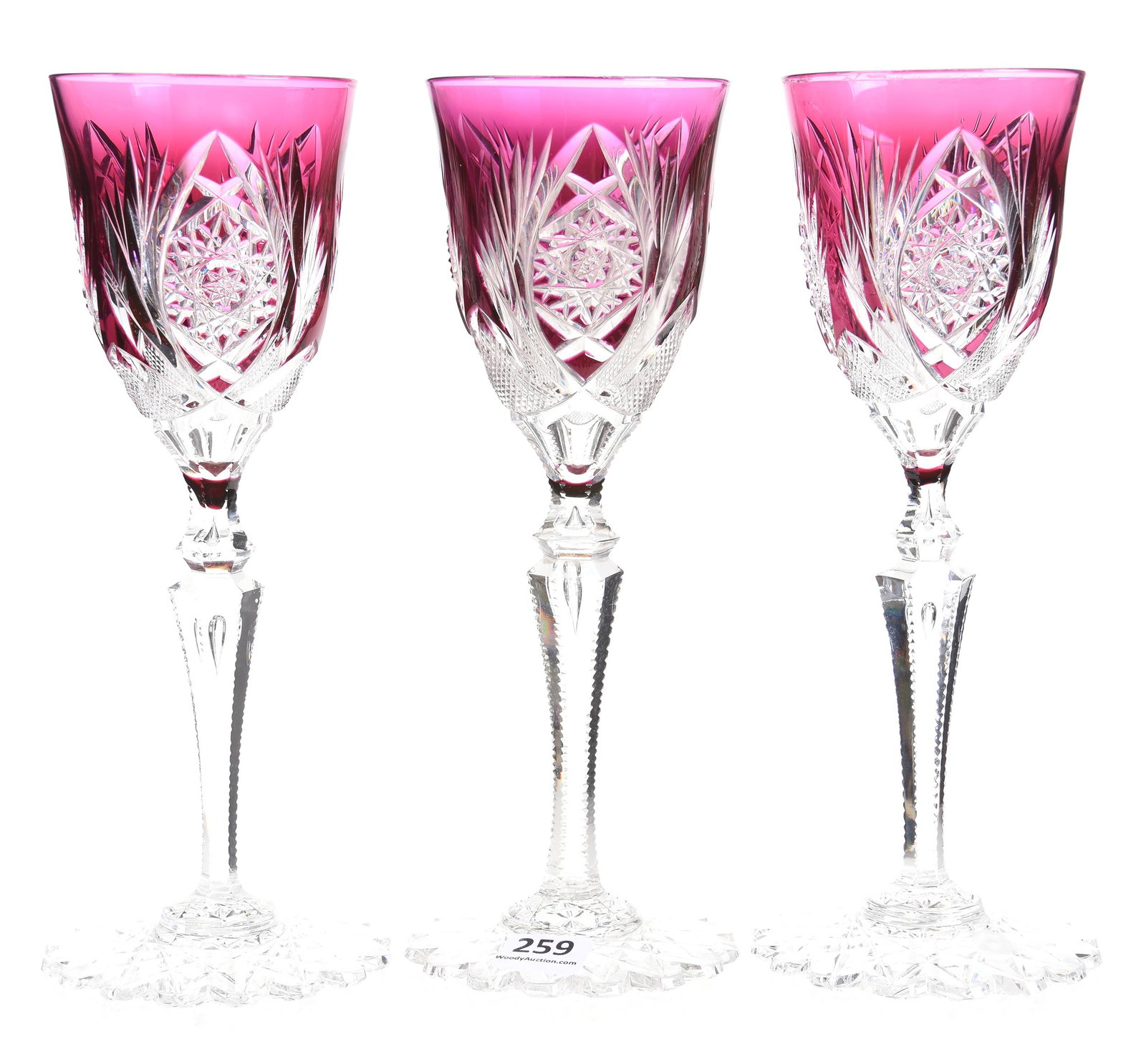 (3) Wine stems by Val St. Lambert BPCG Elsie pattern: (3) Wine stems by Val St. Lambert BPCG Elsie pattern 8.5" Amethyst cut to clear, tear drop notched stem, scalloped hobstar foot - circa 1910 - great color; Lacroix Collection, New Hampshire
