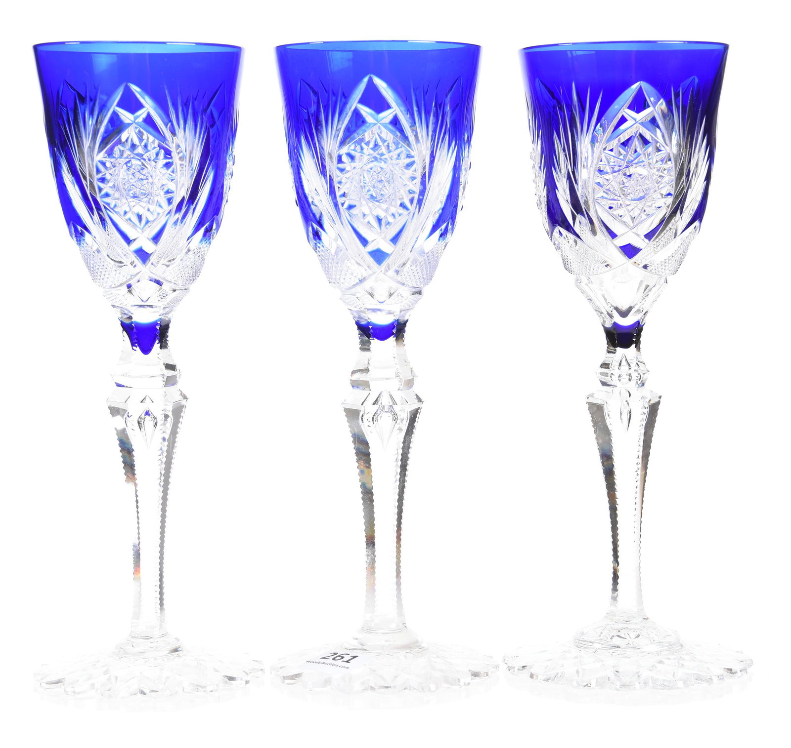 (3) Wine stems by Val St. Lambert BPCG Elsie pattern: (3) Wine stems by Val St. Lambert BPCG Elsie pattern 8.5" Cobalt blue cut to clear, tear drop notched stem, scalloped hobstar foot - circa 1910 - (one foot sizably larger than other two, but all in pe