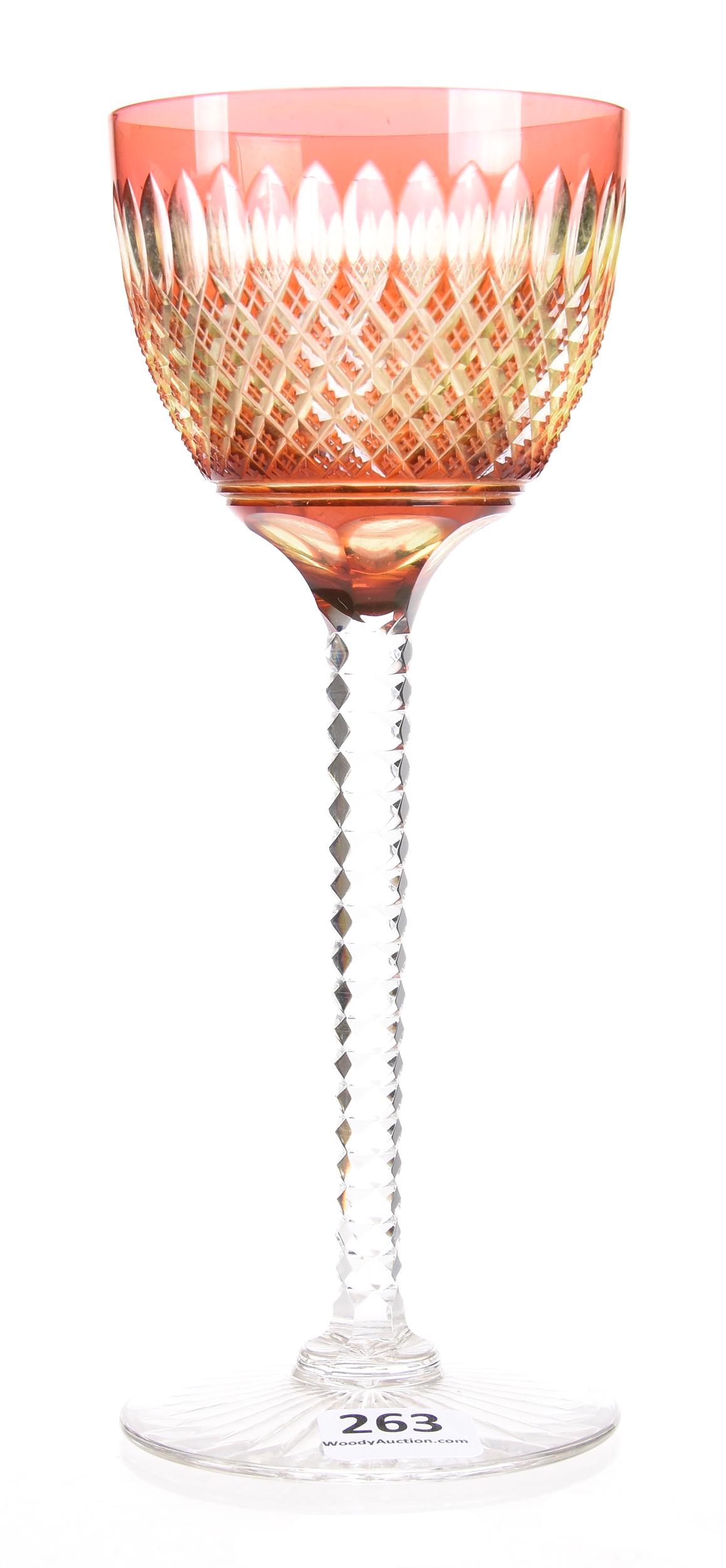 Wine stem by Val St. Lambert, BPCG, Boris pattern: Wine stem by Val St. Lambert, BPCG, Boris pattern 7.5" Cranberry cut to Vaseline - clear notched stem, ray foot - circa 1920; Lacroix Collection, New Hampshire