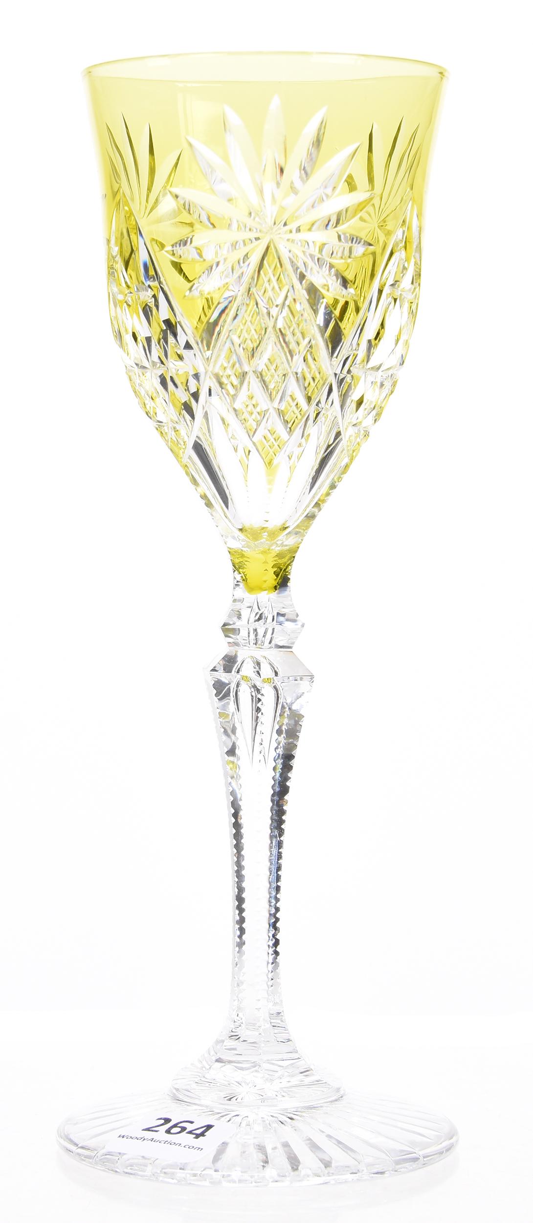 Wine stem by Val St. Lambert, BPCG: Wine stem by Val St. Lambert, BPCG 8.5" Yellow cut to clear - Saarlouis pattern, teardrop notched stem, ray cut foot - circa 1906; Lacroix Collection, New Hampshire