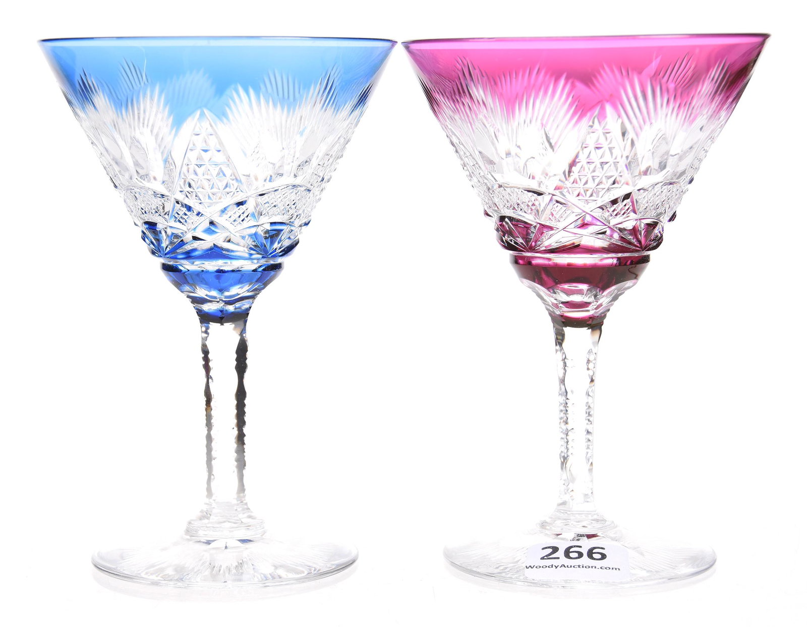 (2) Wine stems by Val St. Lambert, BPCG: (2) Wine stems by Val St. Lambert, BPCG 4.5" Riverton pattern - (1) Amethyst to clear; (1) Blue to clear - notched stems, flashed ray bases; Lacroix Collection, New Hampshire