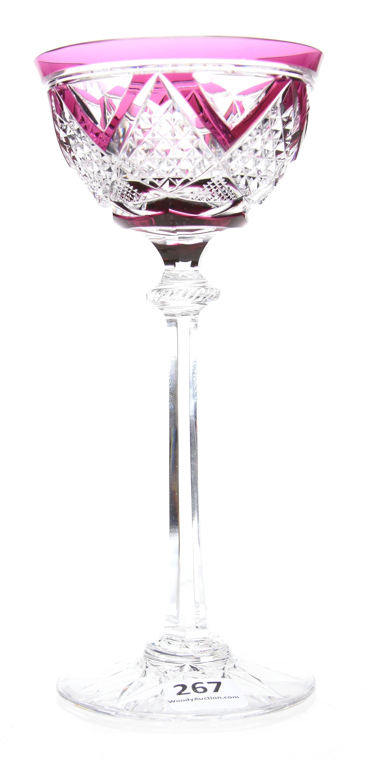 Wine stem by Val St. Lambert, BPCG, Ripley pattern: Wine stem by Val St. Lambert, BPCG, Ripley pattern 7.25" Amethyst cut to clear - Clear stem, hobstar foot - circa 1925; Lacroix Collection, New Hampshire