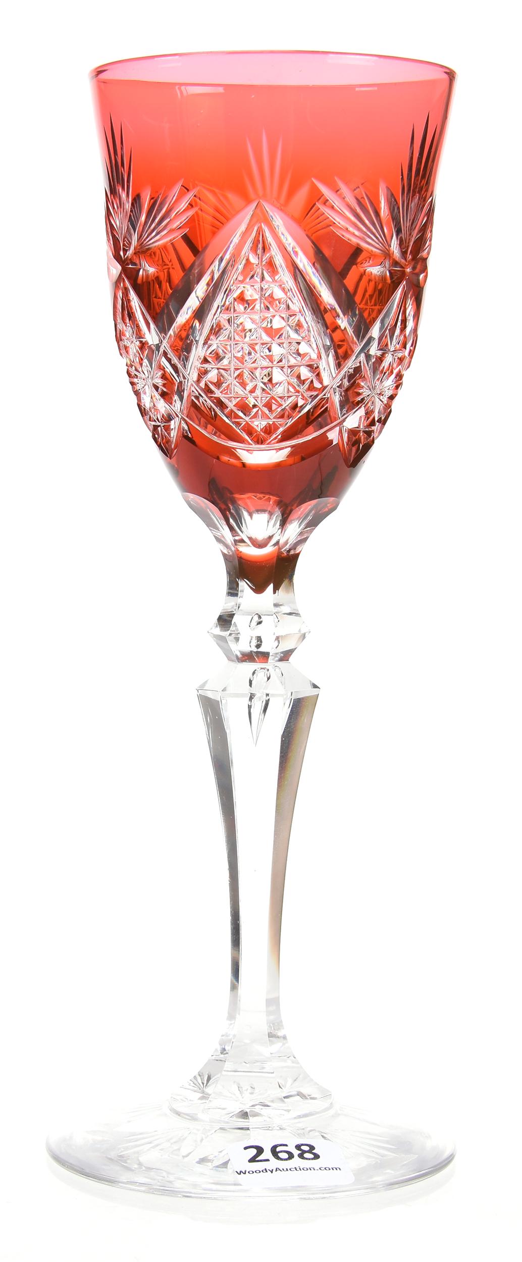 Wine stem by Val St. Lambert, BPCG, Carola pattern: Wine stem by Val St. Lambert, BPCG, Carola pattern 8.25" Dark cranberry cut to clear - tear drop stem, flashed hobstar foot - circa 1906; Lacroix Collection, New Hampshire