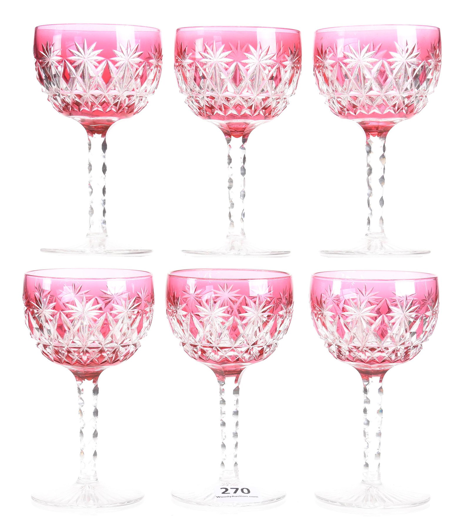 (6) Wine stems by Val St. Lambert, BPCG: (6) Wine stems by Val St. Lambert, BPCG 4.25" Richard pattern - Cranberry cut to clear - diamond cut stem, ray foot - circa 1904; Lacroix Collection, New Hampshire