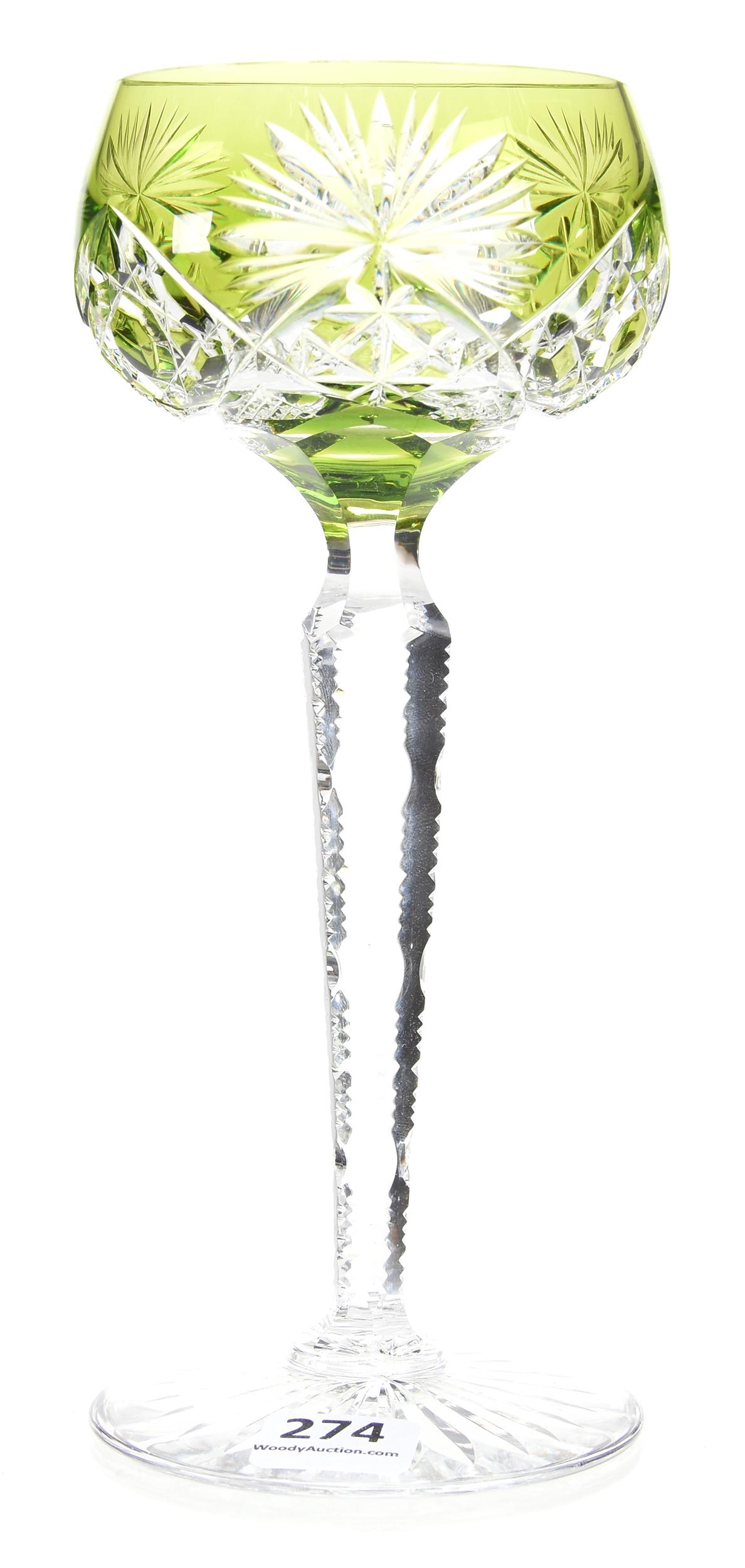 Wine stem by Val St. Lambert, BPCG, design 3269/17: Wine stem by Val St. Lambert, BPCG, design 3269/17 7.5" Green cut to clear, solid notched stem, ray foot - circa 1905; Lacroix Collection, New Hampshire