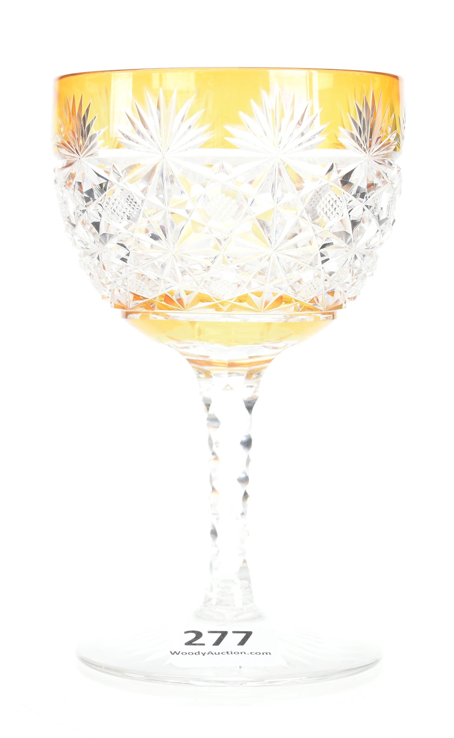 Wine stem attributed to Val St. Lambert, BPCG: Wine stem attributed to Val St. Lambert, BPCG 4.75" Dark yellow cut to clear (almost gold) - modified russian pattern, diamond cut stem, ray foot; Lacroix Collection, New Hampshire