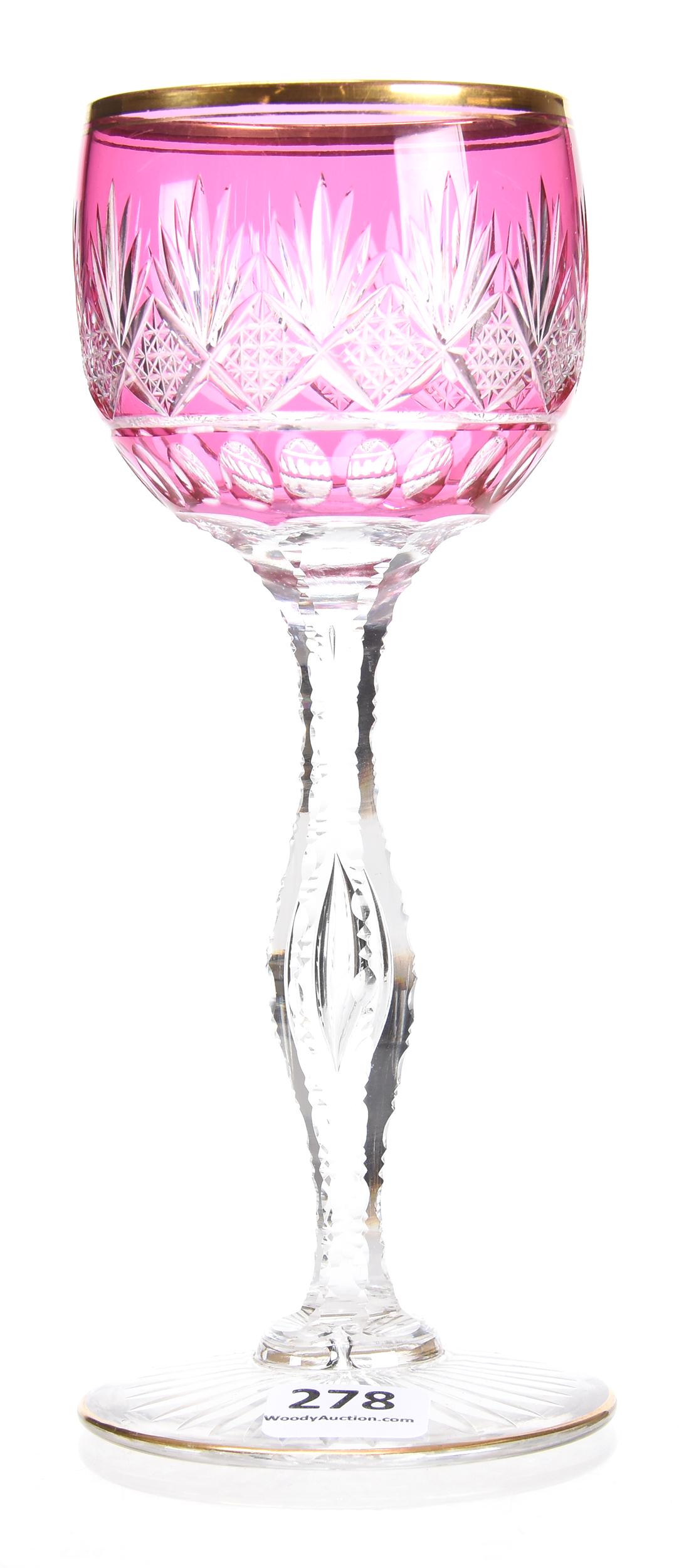 Wine stem attributed to Val St. Lambert, BPCG: Wine stem attributed to Val St. Lambert, BPCG 7.25" Cranberry cut to clear - Star, punty & fan motif - notched teardrop stem, ray base, gold stencil trim highlights; Lacroix Collection, New Hampshire