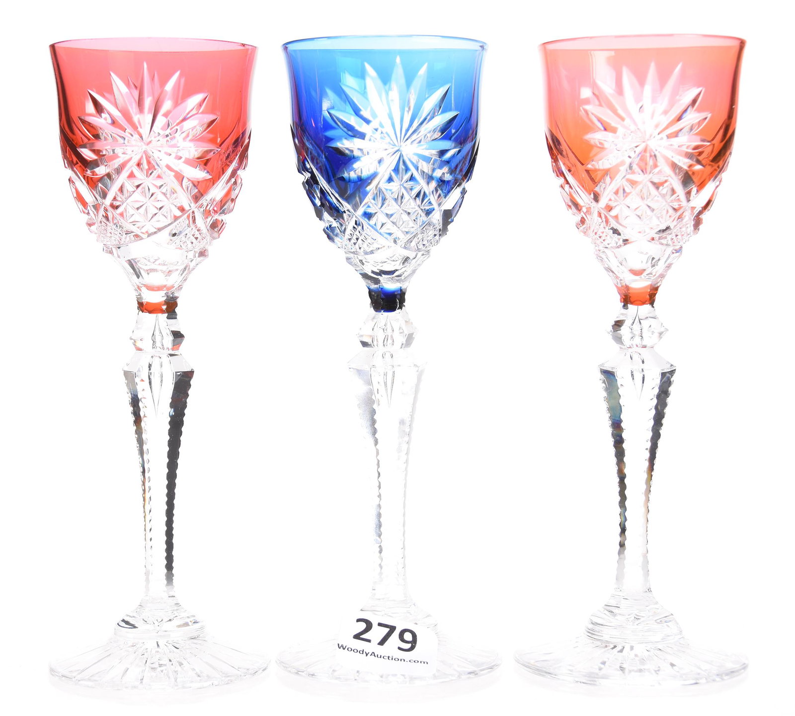 (3) Wine stems by Val St. Lambert, BPCG: (3) Wine stems by Val St. Lambert, BPCG 5.5" Saarlouis pattern, teardrop notched stem, ray foot - (1) Blue to clear; (1) Cranberry to clear; (1) Odd cranberry to clear - circa 1906; Lacroix Collection