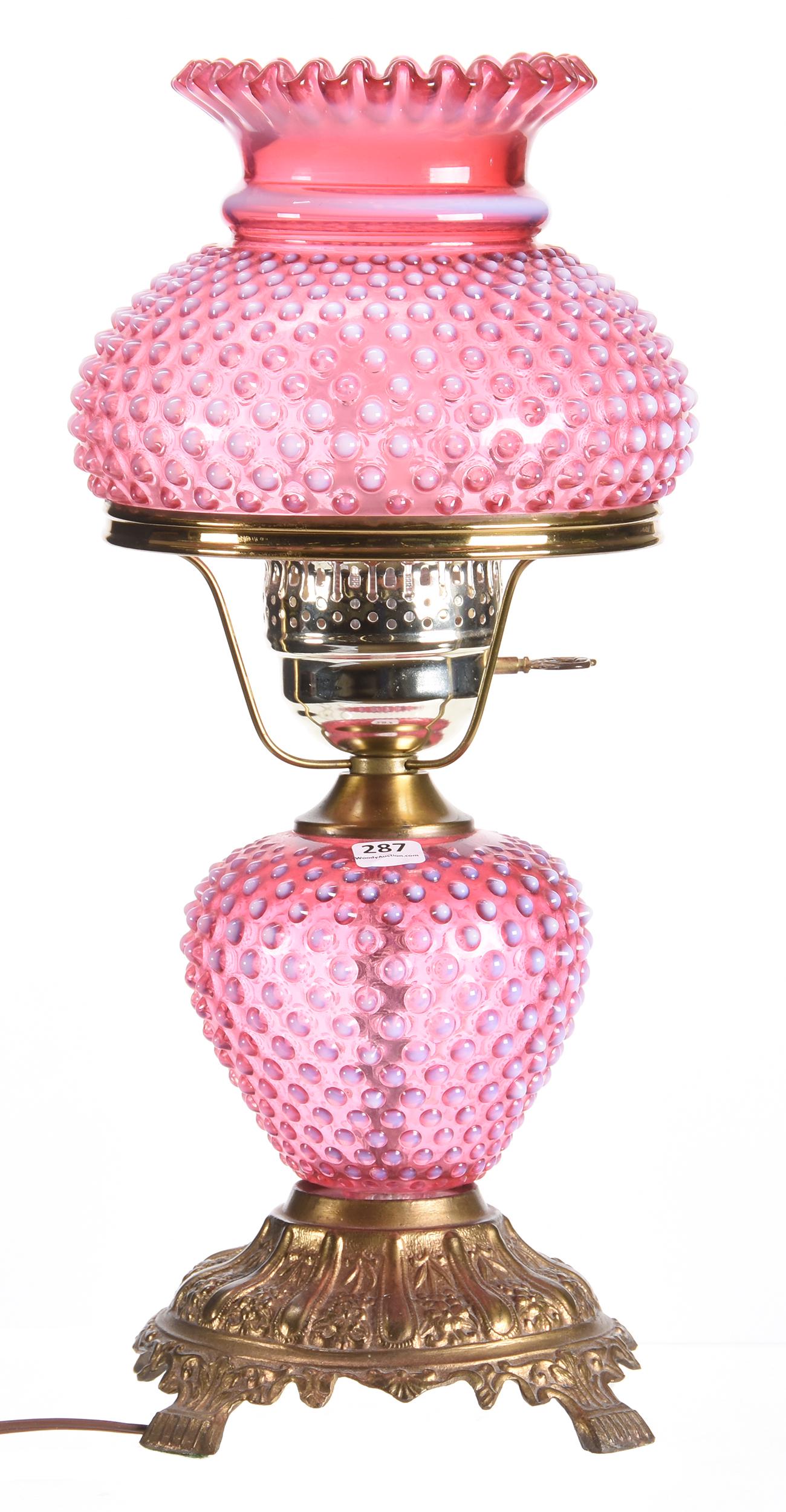 Cranberry opalescent hobnail desk lamp by Fenton: Cranberry opalescent hobnail desk lamp by Fenton 17.5" x 8" Single bulb - nice color; Houghton Collection, Kansas