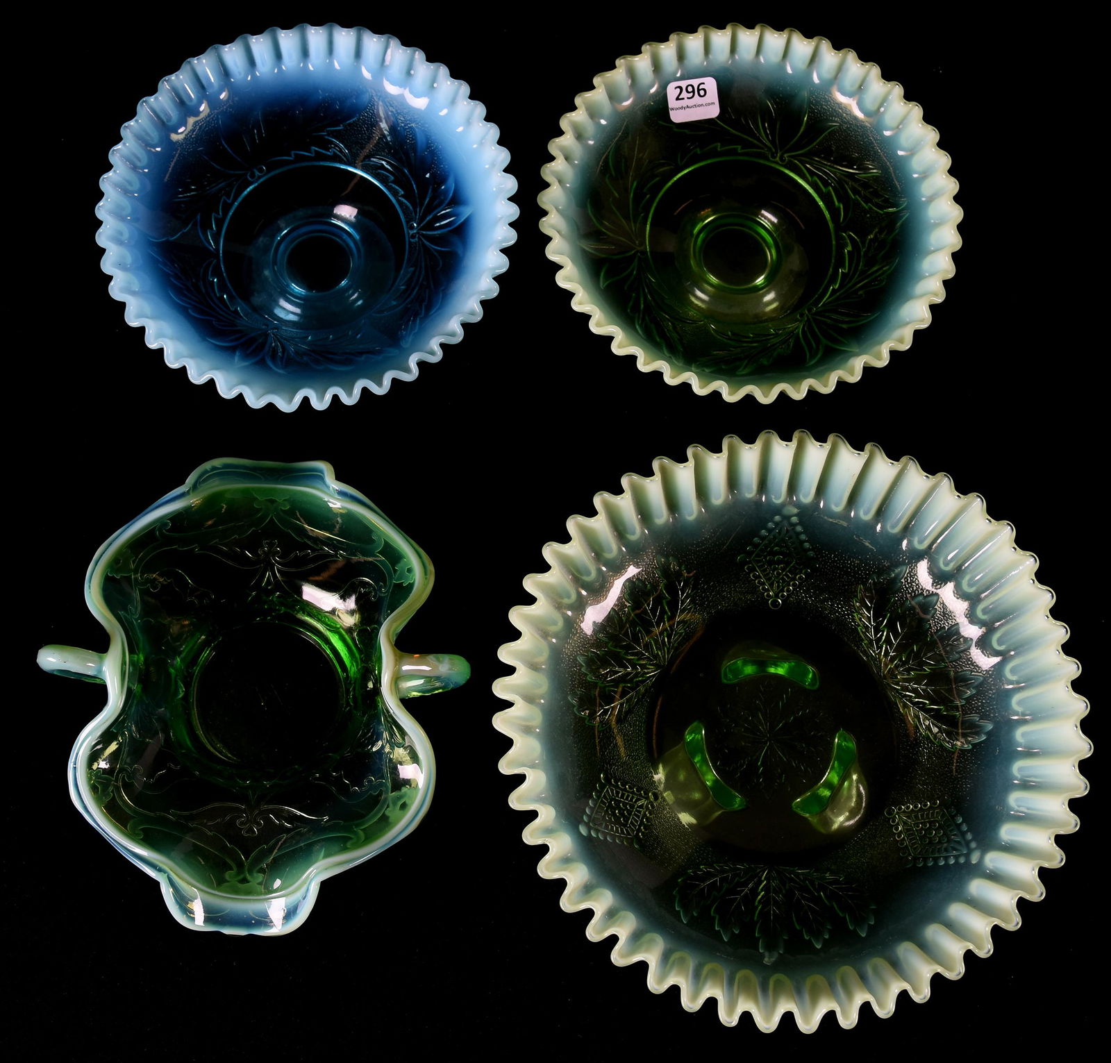 (4) Blue & Green opalescent art glass items (1 of 3)