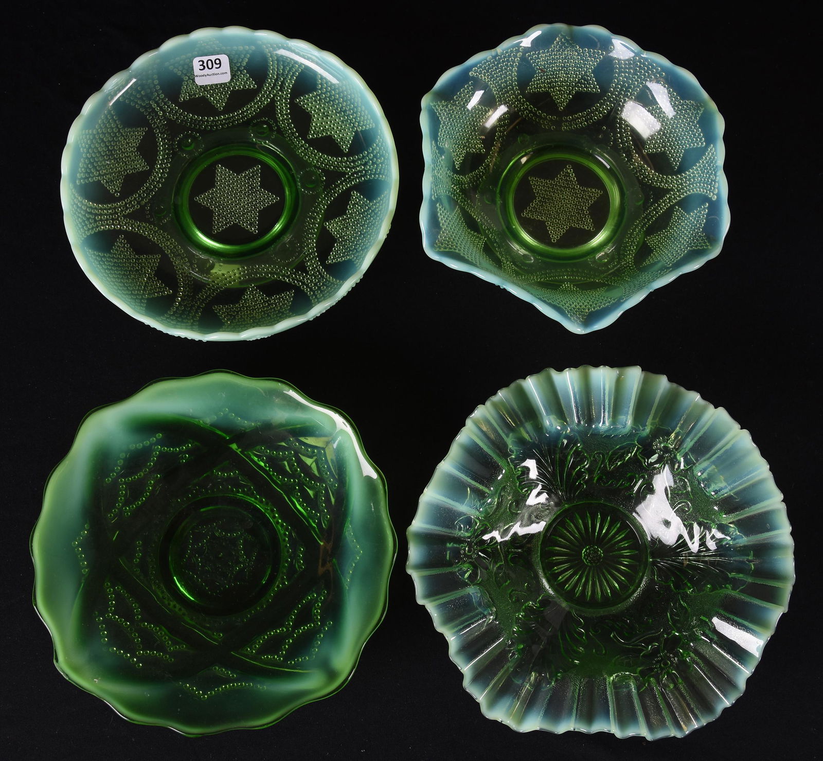 (4) Green opalescent pattern glass items (1 of 3)