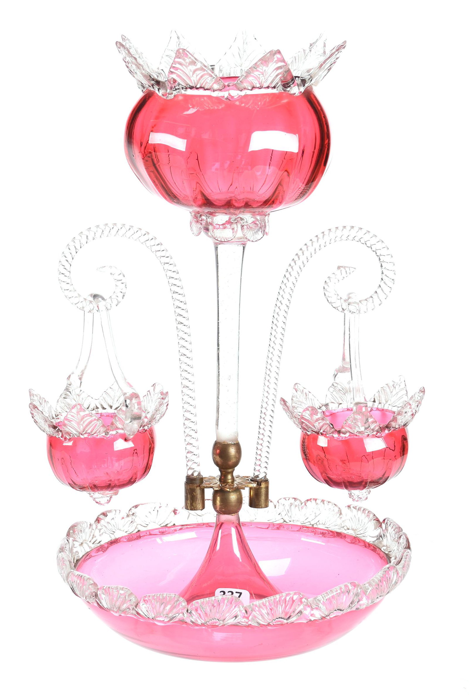 Epergne, cranberry art glass with blossom center (1 of 3)