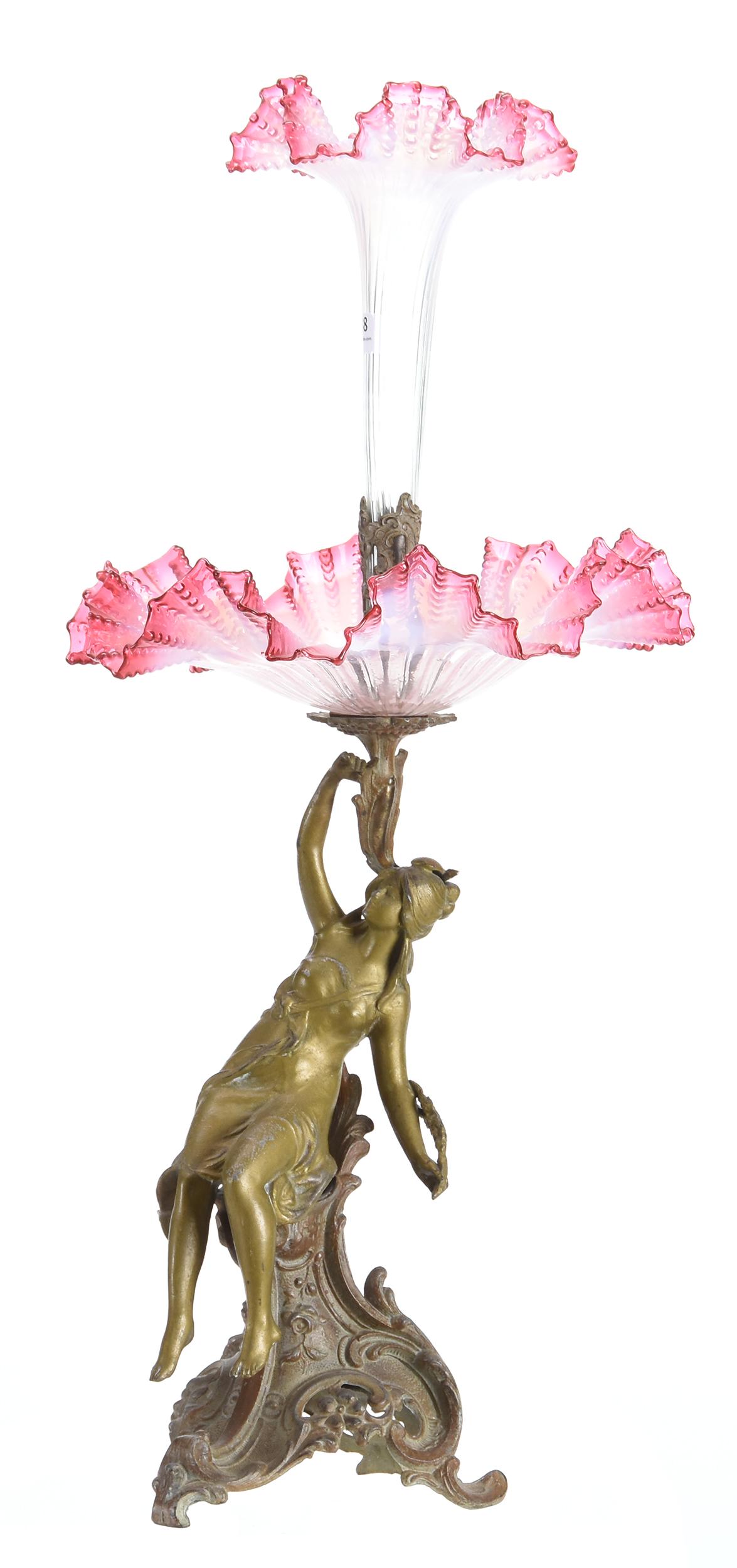 Center piece Epergne, figural spelter Art Nouveau: Center piece Epergne, figural spelter Art Nouveau 25" x 11" Cranberry opalescent art glass vase with matching bowl mounted on Art Nouveau metal base featuring young woman; Private Collection, South Da